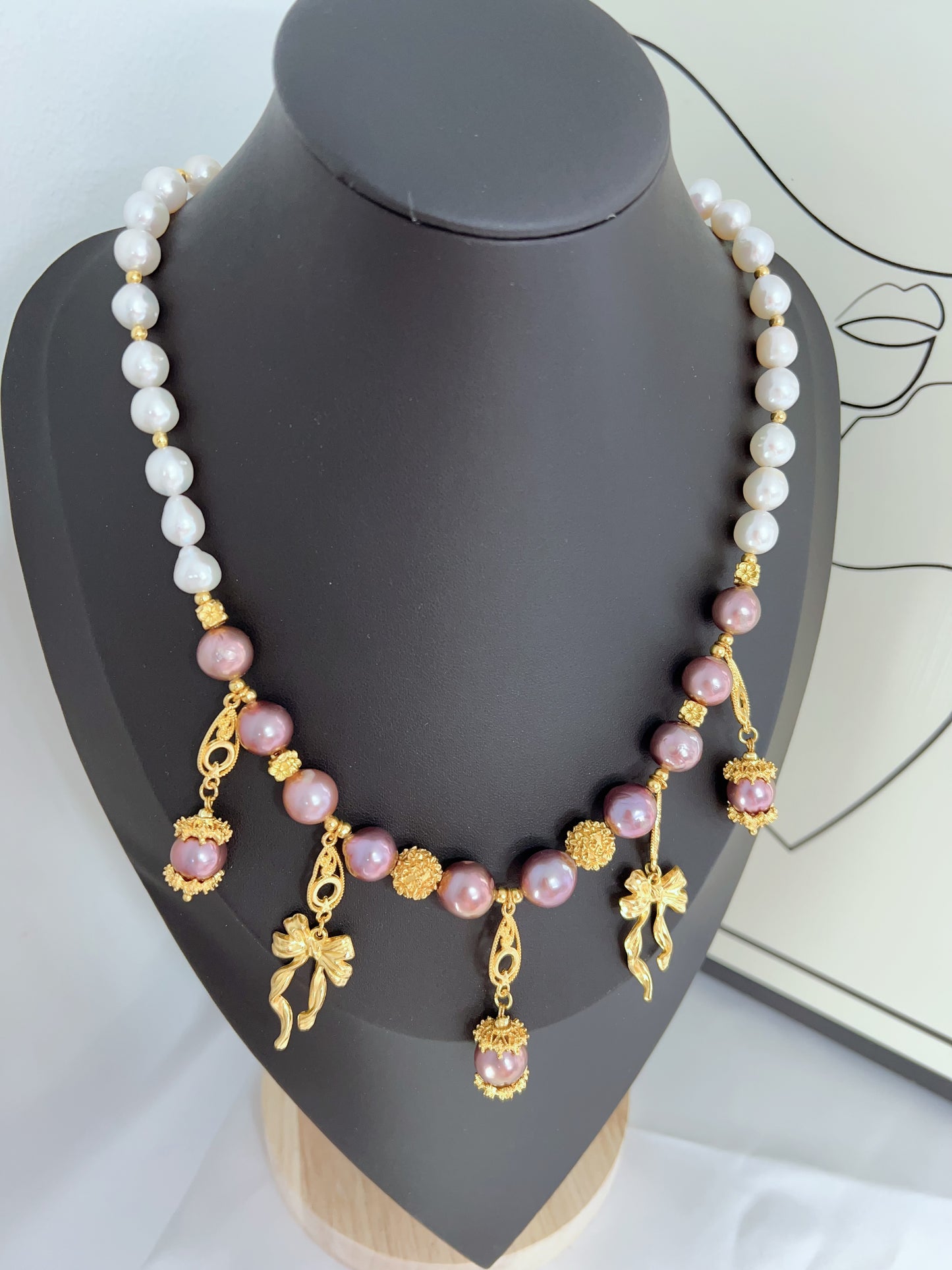 #PN1237 freshwater pearl necklace metallic purple Edison pearl golden charms superb lustre white big baroque pearl dangling design