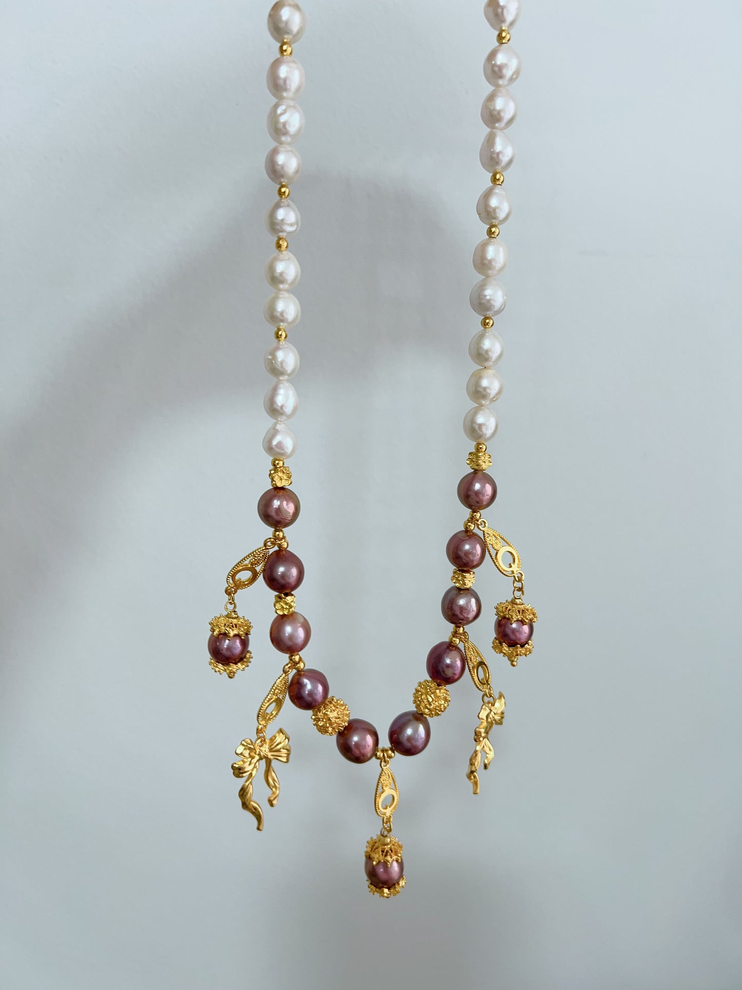 #PN1237 freshwater pearl necklace metallic purple Edison pearl golden charms superb lustre white big baroque pearl dangling design