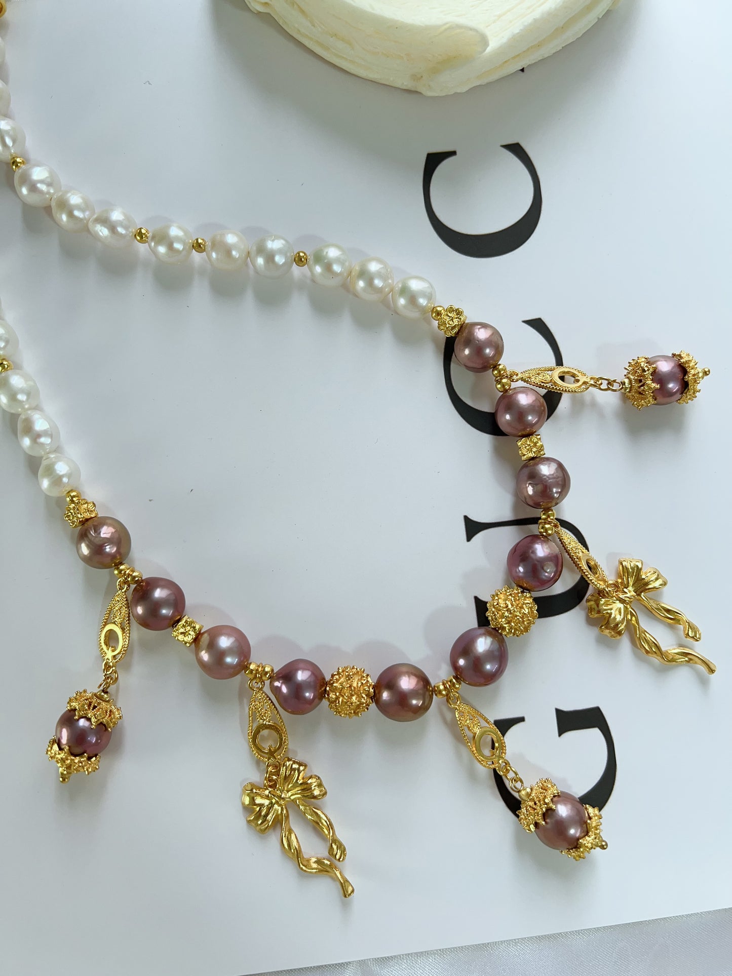 #PN1237 freshwater pearl necklace metallic purple Edison pearl golden charms superb lustre white big baroque pearl dangling design
