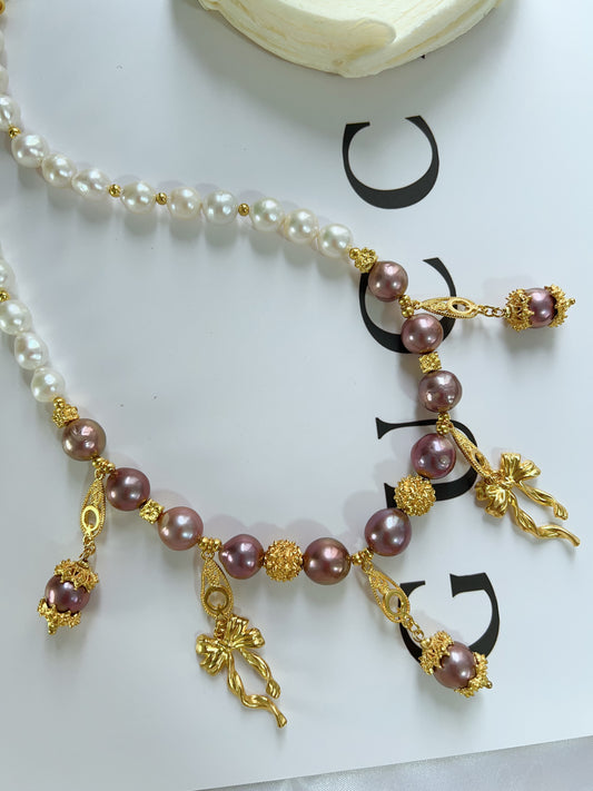 #PN1237 freshwater pearl necklace metallic purple Edison pearl golden charms superb lustre white big baroque pearl dangling design