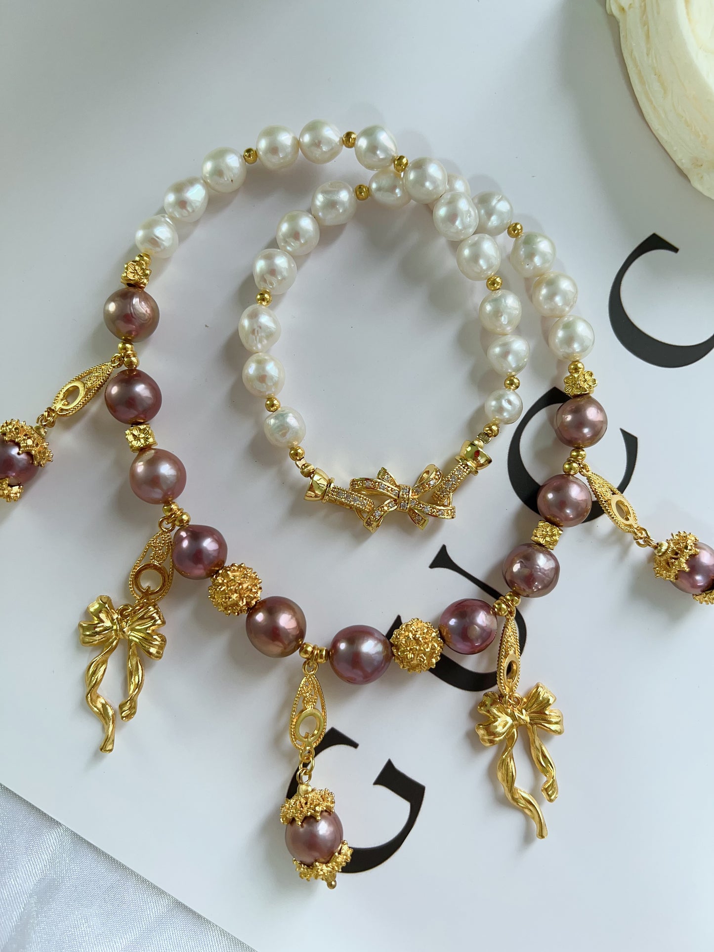 #PN1237 freshwater pearl necklace metallic purple Edison pearl golden charms superb lustre white big baroque pearl dangling design
