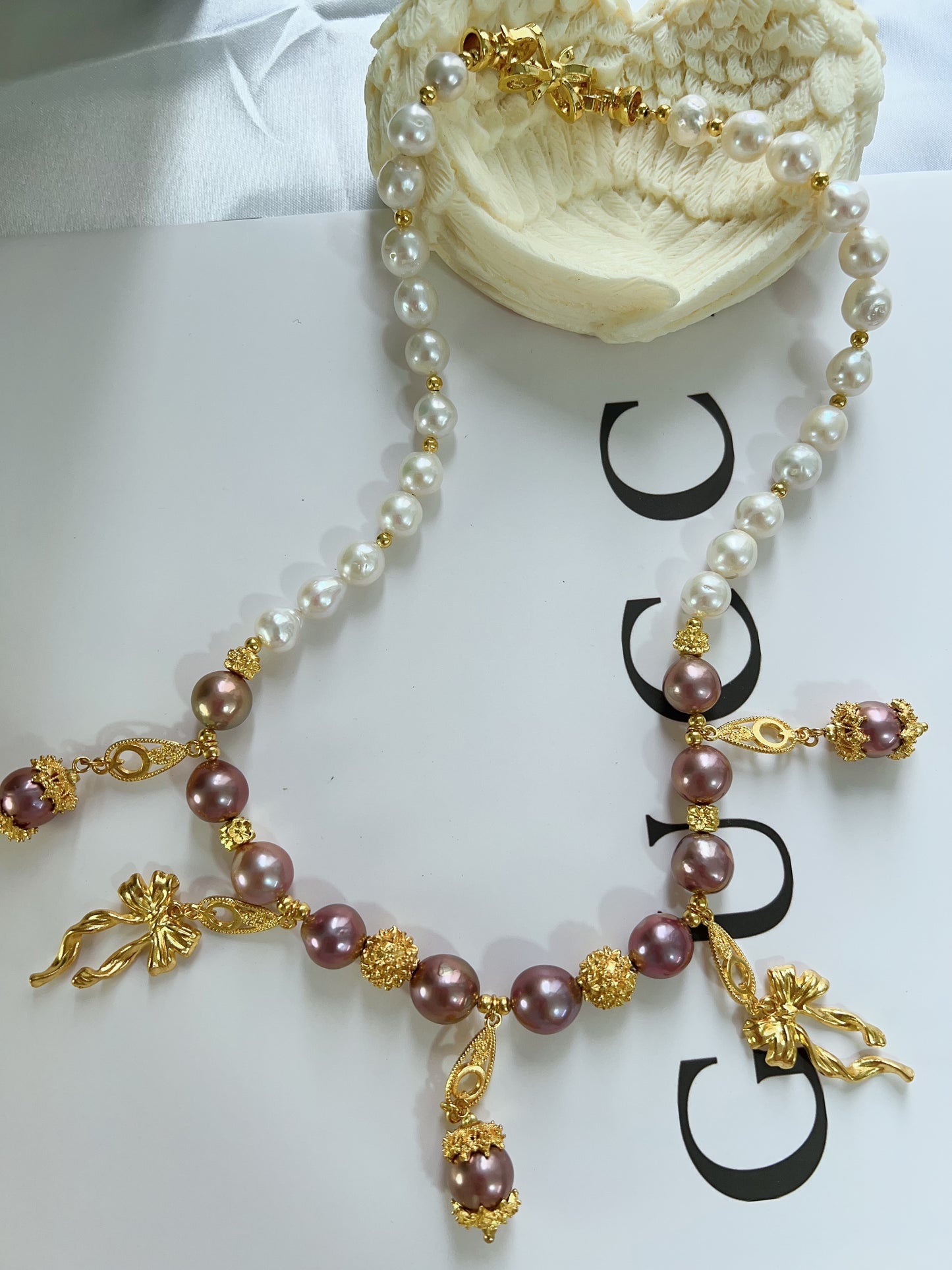 #PN1237 freshwater pearl necklace metallic purple Edison pearl golden charms superb lustre white big baroque pearl dangling design