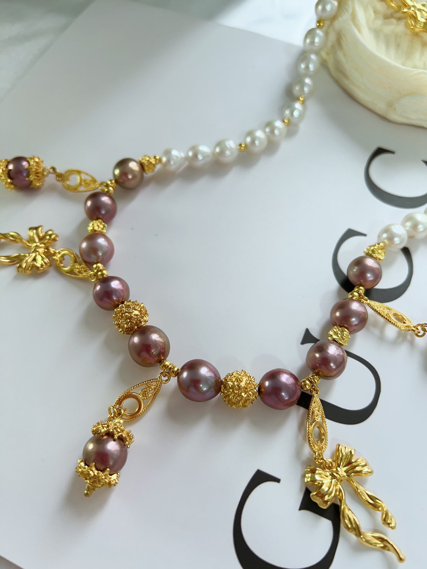 #PN1237 freshwater pearl necklace metallic purple Edison pearl golden charms superb lustre white big baroque pearl dangling design