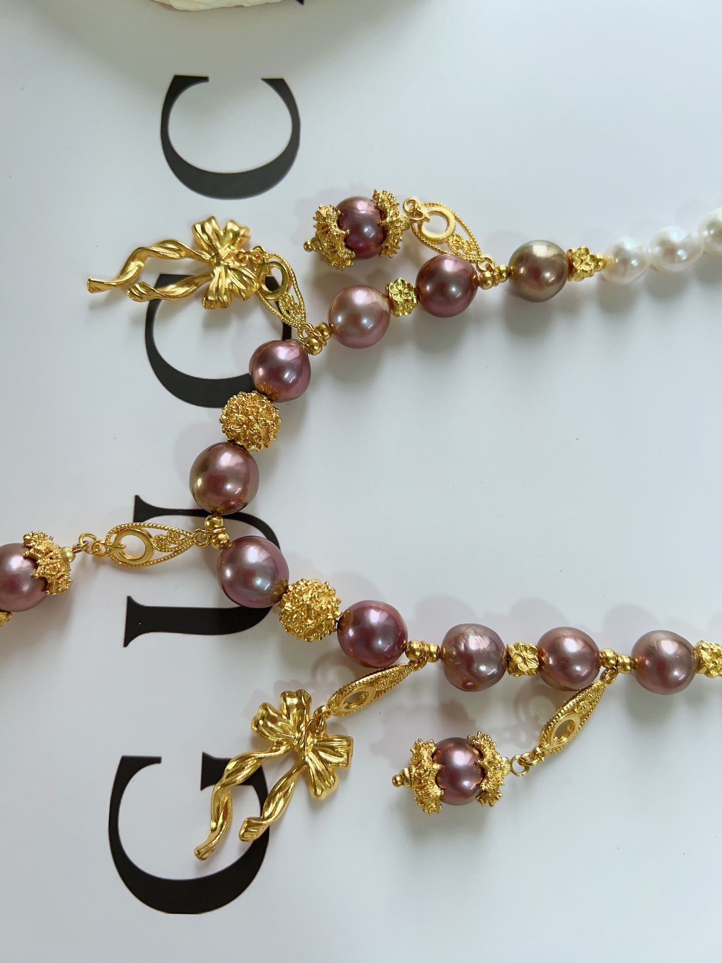 #PN1237 freshwater pearl necklace metallic purple Edison pearl golden charms superb lustre white big baroque pearl dangling design