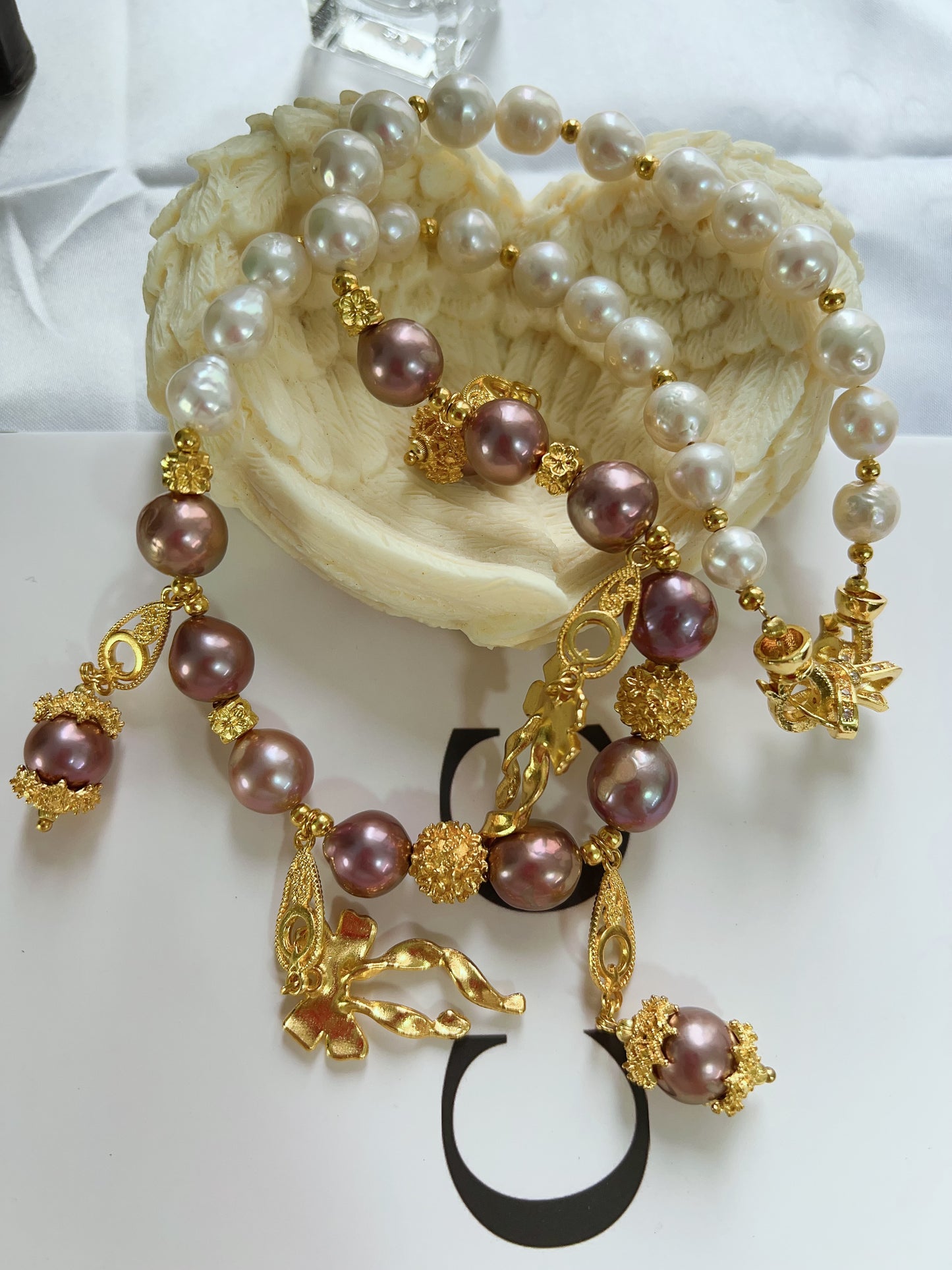 #PN1237 freshwater pearl necklace metallic purple Edison pearl golden charms superb lustre white big baroque pearl dangling design