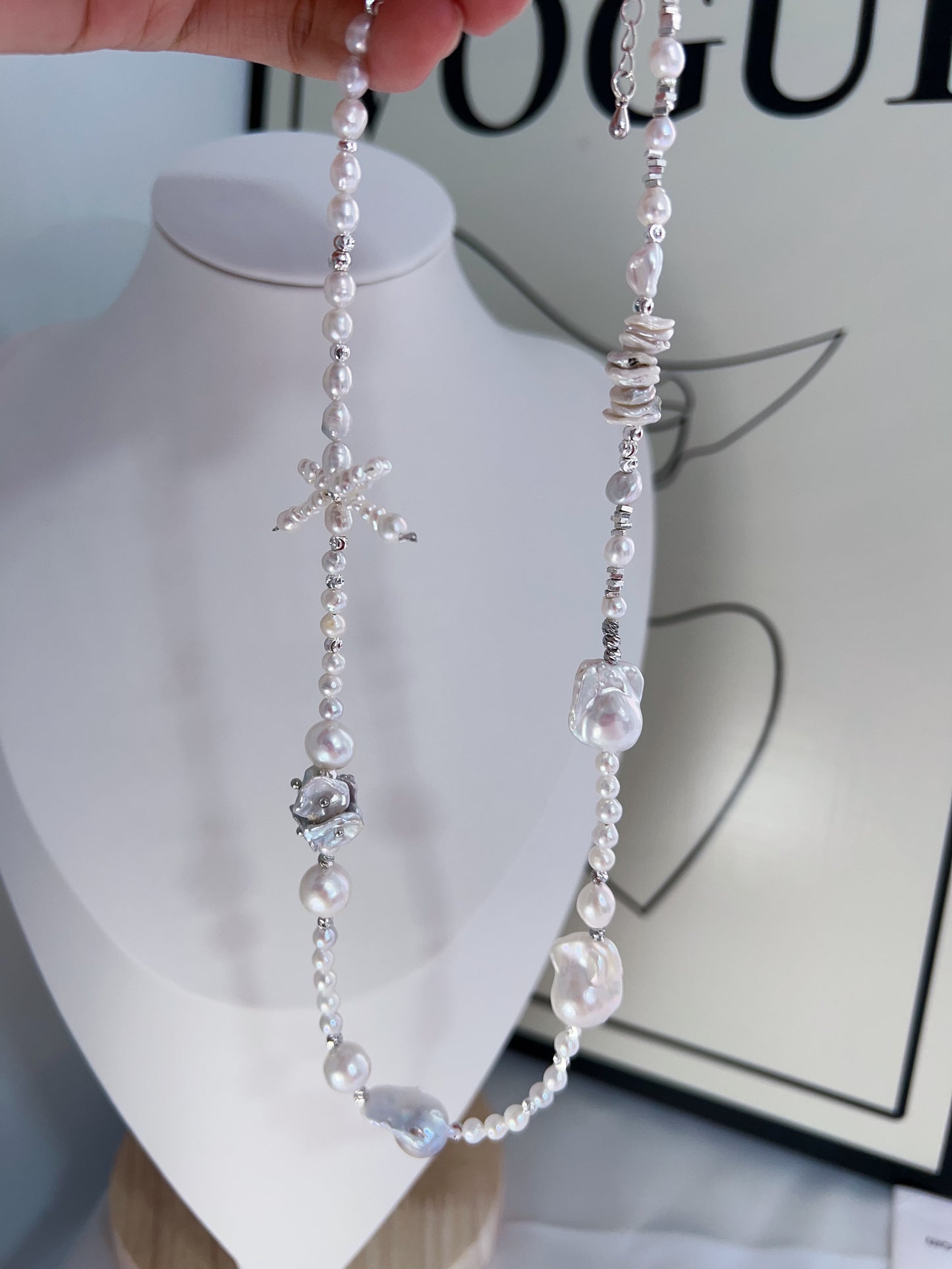 #PN1230 [Floral Series] freshwater pearl necklace delicate bow tie design silver-blue lustre fishtail baroque irregular baroque pearl