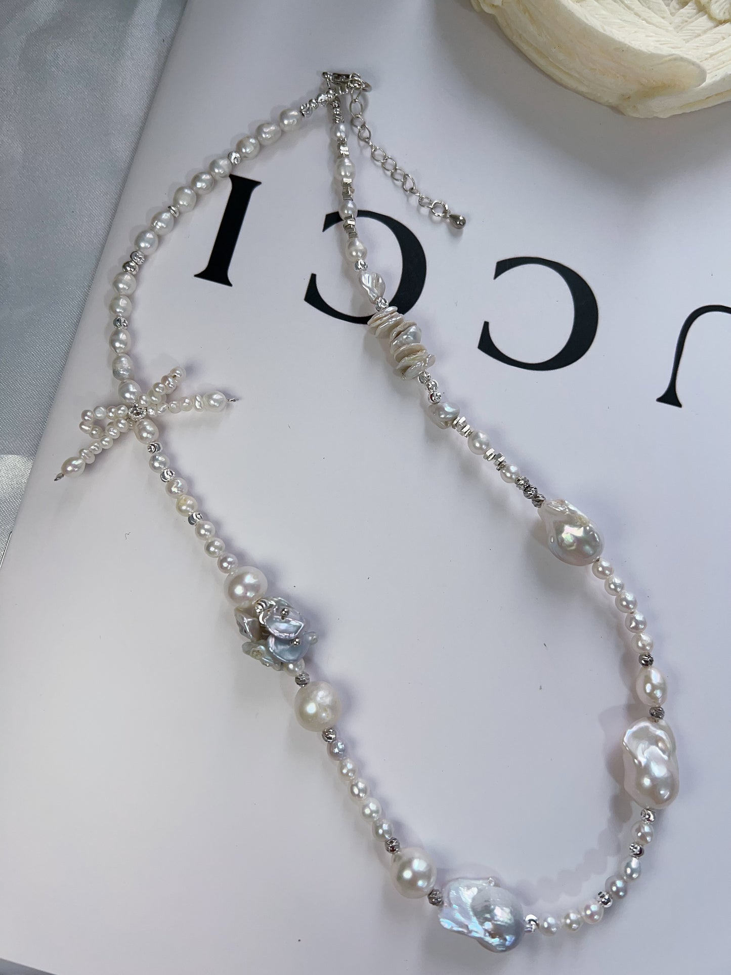 #PN1230 [Floral Series] freshwater pearl necklace delicate bow tie design silver-blue lustre fishtail baroque irregular baroque pearl