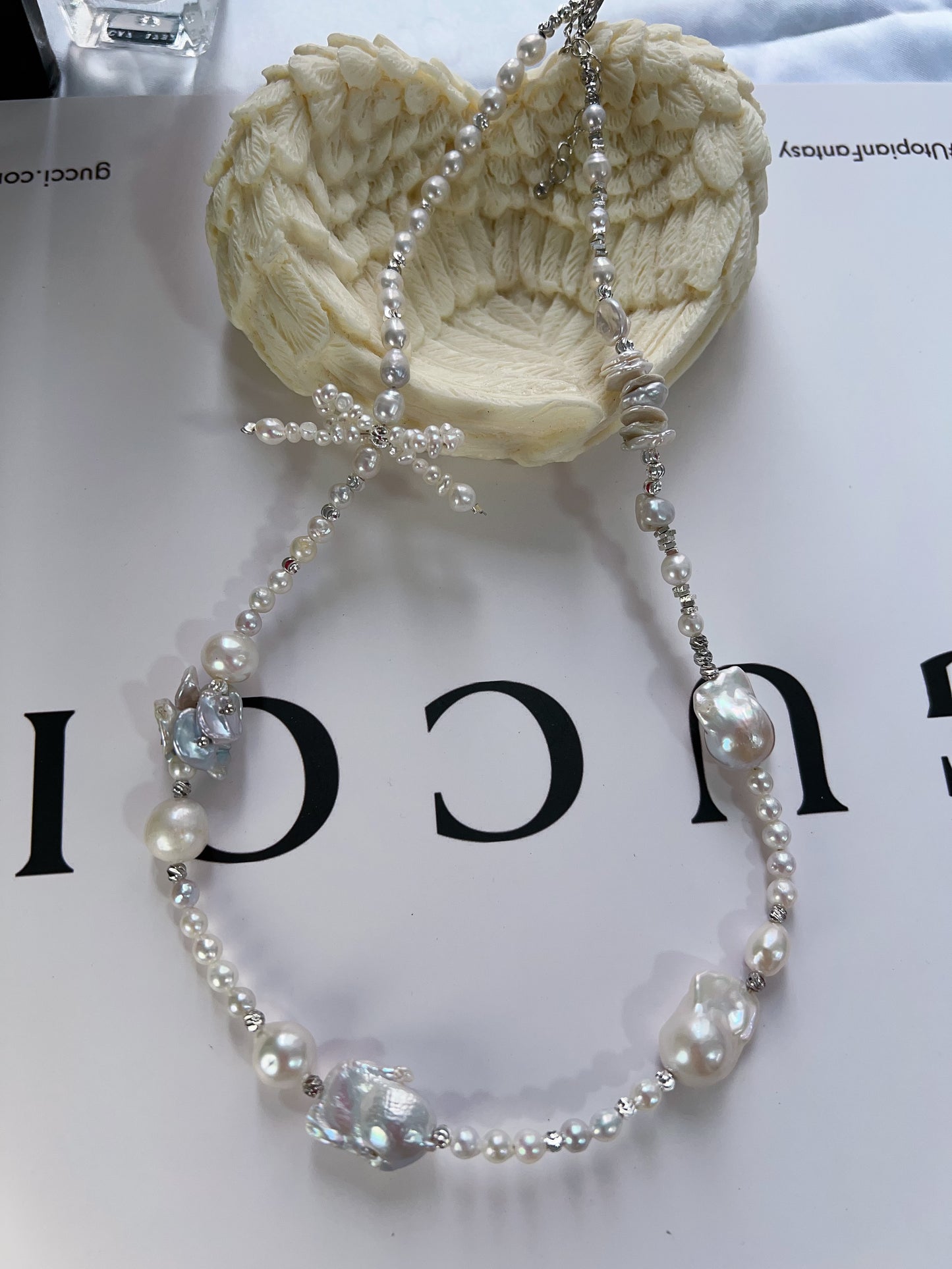 #PN1230 [Floral Series] freshwater pearl necklace delicate bow tie design silver-blue lustre fishtail baroque irregular baroque pearl