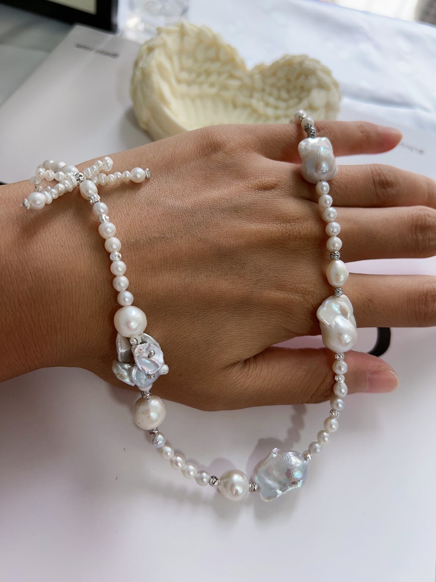 #PN1230 [Floral Series] freshwater pearl necklace delicate bow tie design silver-blue lustre fishtail baroque irregular baroque pearl