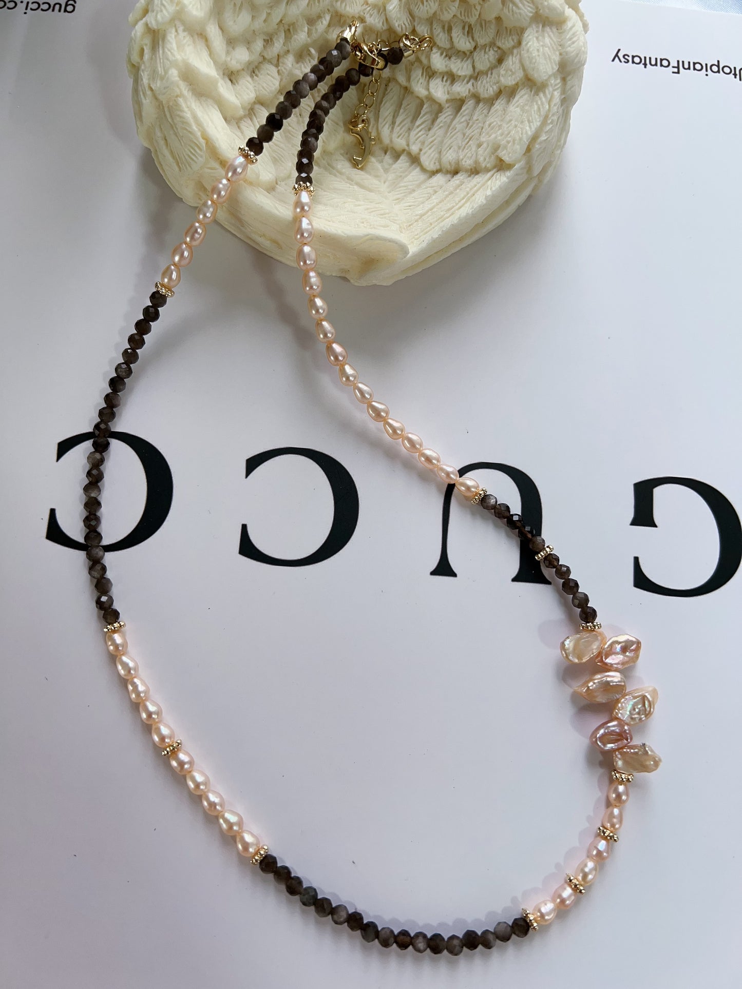 #PN1242 freshwater pearl necklace light gold rice pearl black spinel faceted lace design long petal pearl