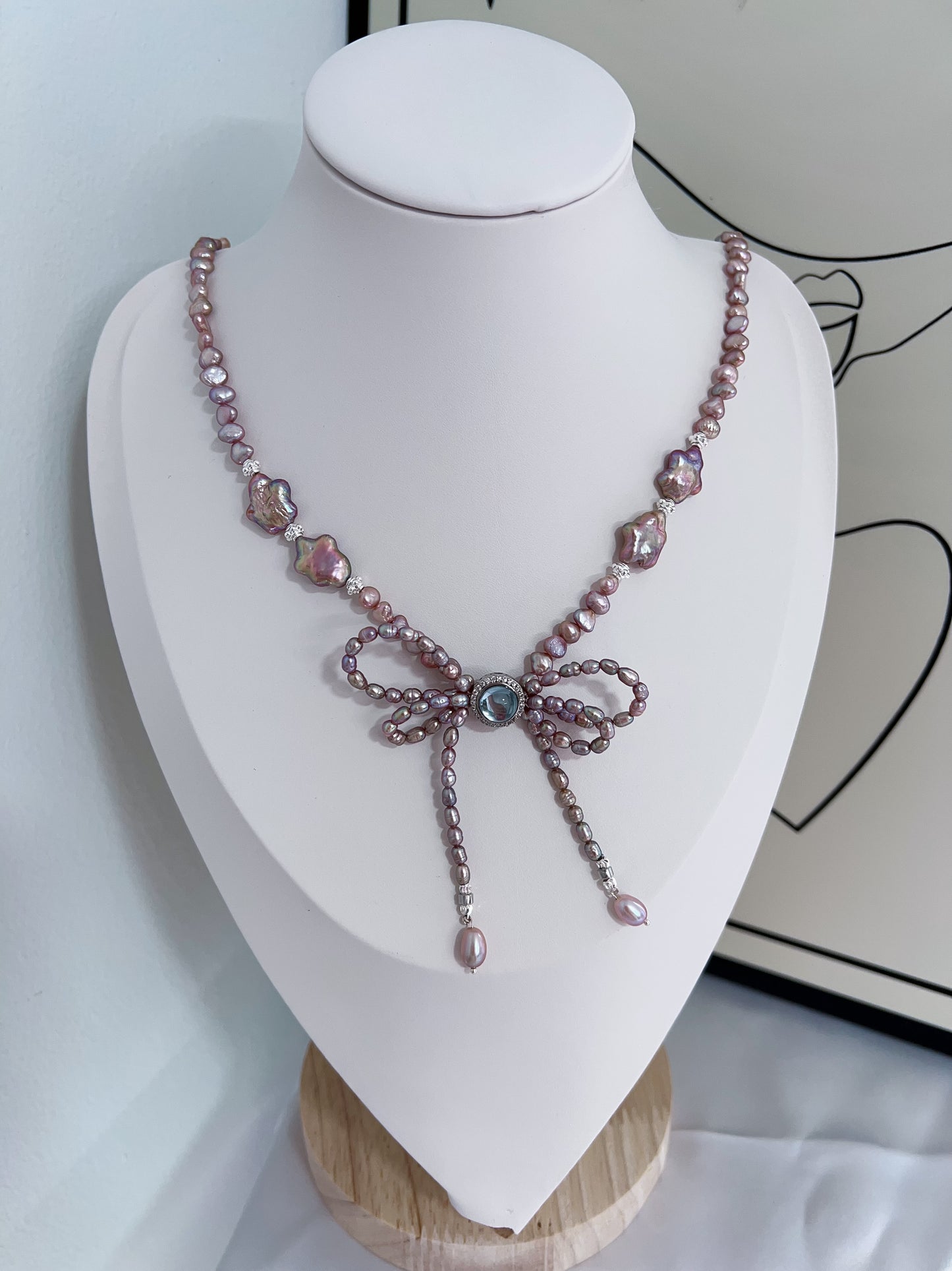 #PN1220 freshwater pearl necklace star baroque pearl 50+5cm deep purple double-layer bow tie design