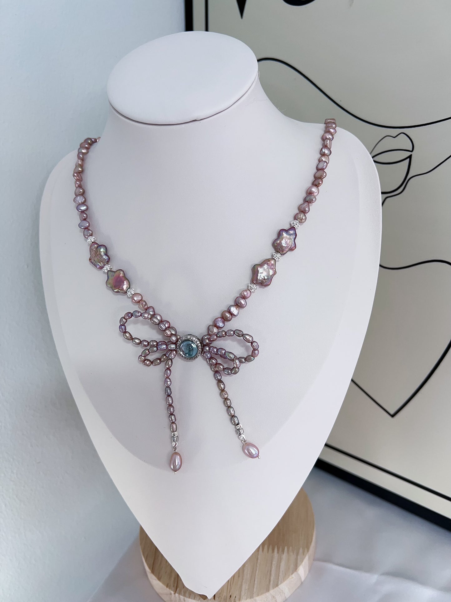 #PN1220 freshwater pearl necklace star baroque pearl 50+5cm deep purple double-layer bow tie design