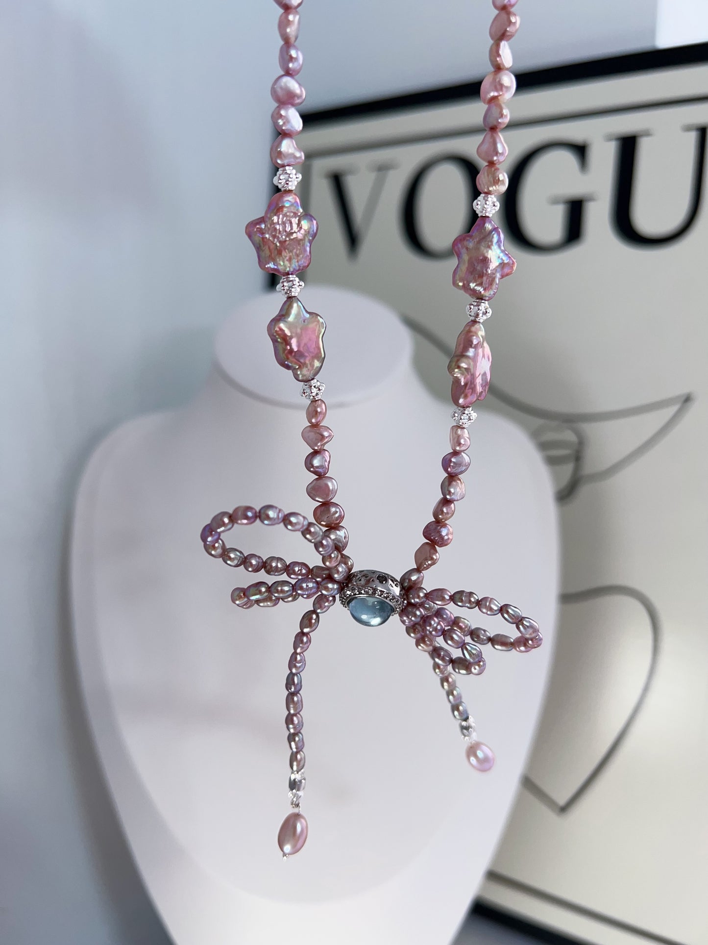 #PN1220 freshwater pearl necklace star baroque pearl 50+5cm deep purple double-layer bow tie design