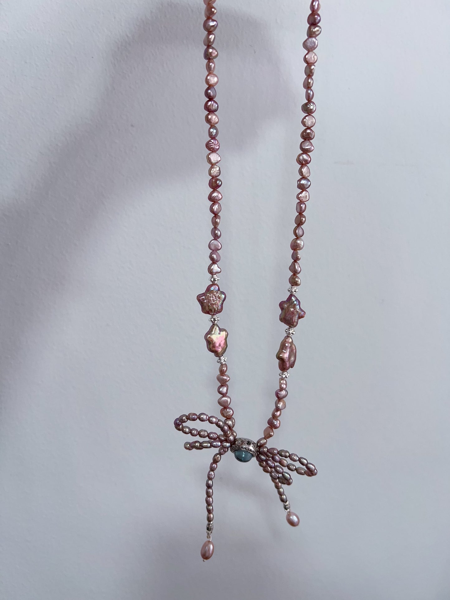 #PN1220 freshwater pearl necklace star baroque pearl 50+5cm deep purple double-layer bow tie design