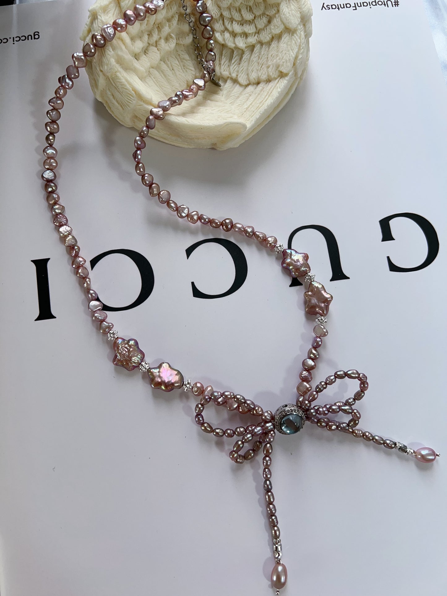 #PN1220 freshwater pearl necklace star baroque pearl 50+5cm deep purple double-layer bow tie design