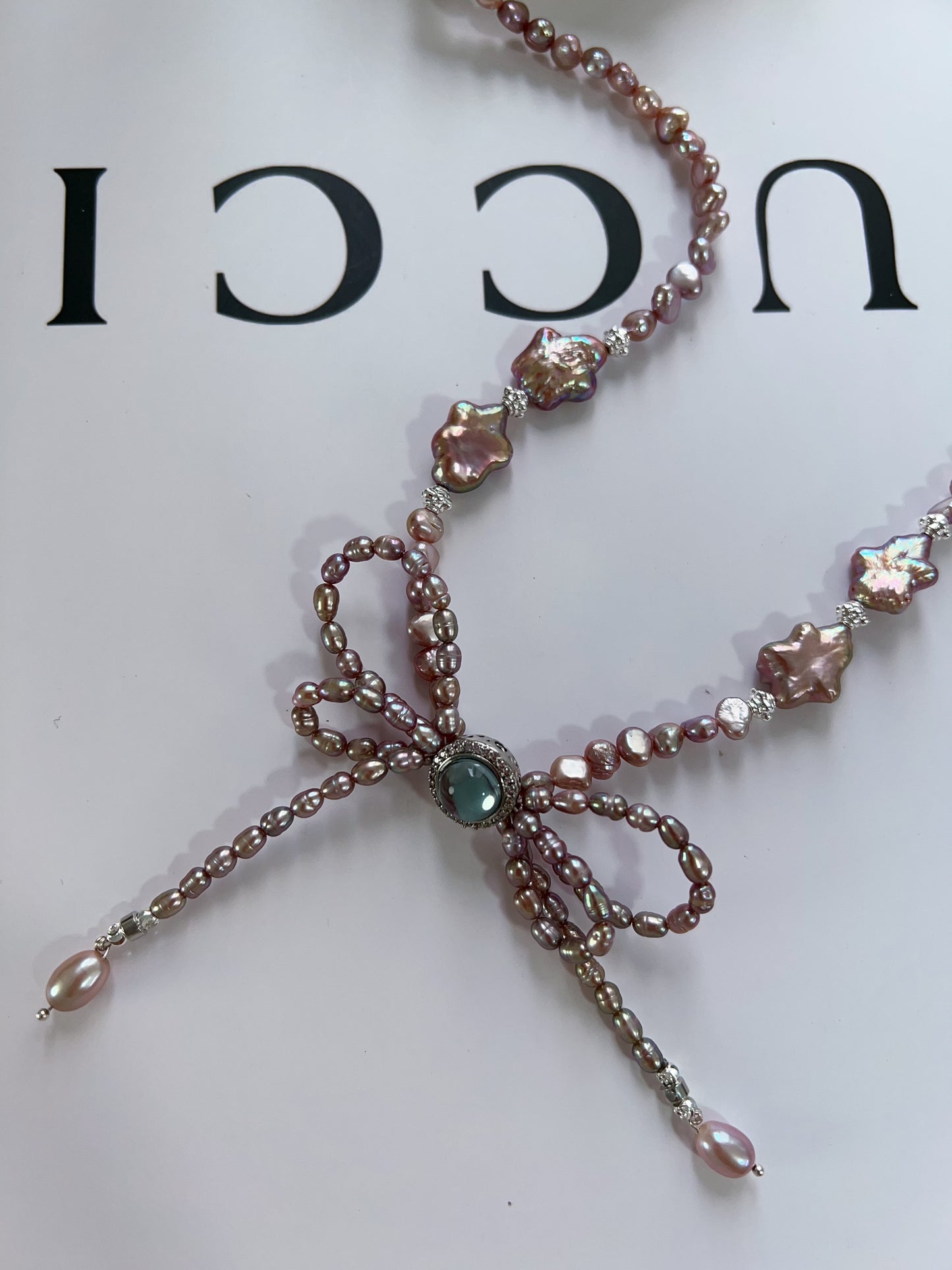 #PN1220 freshwater pearl necklace star baroque pearl 50+5cm deep purple double-layer bow tie design