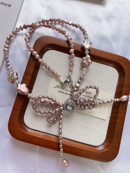 #PN1220 freshwater pearl necklace star baroque pearl 50+5cm deep purple double-layer bow tie design