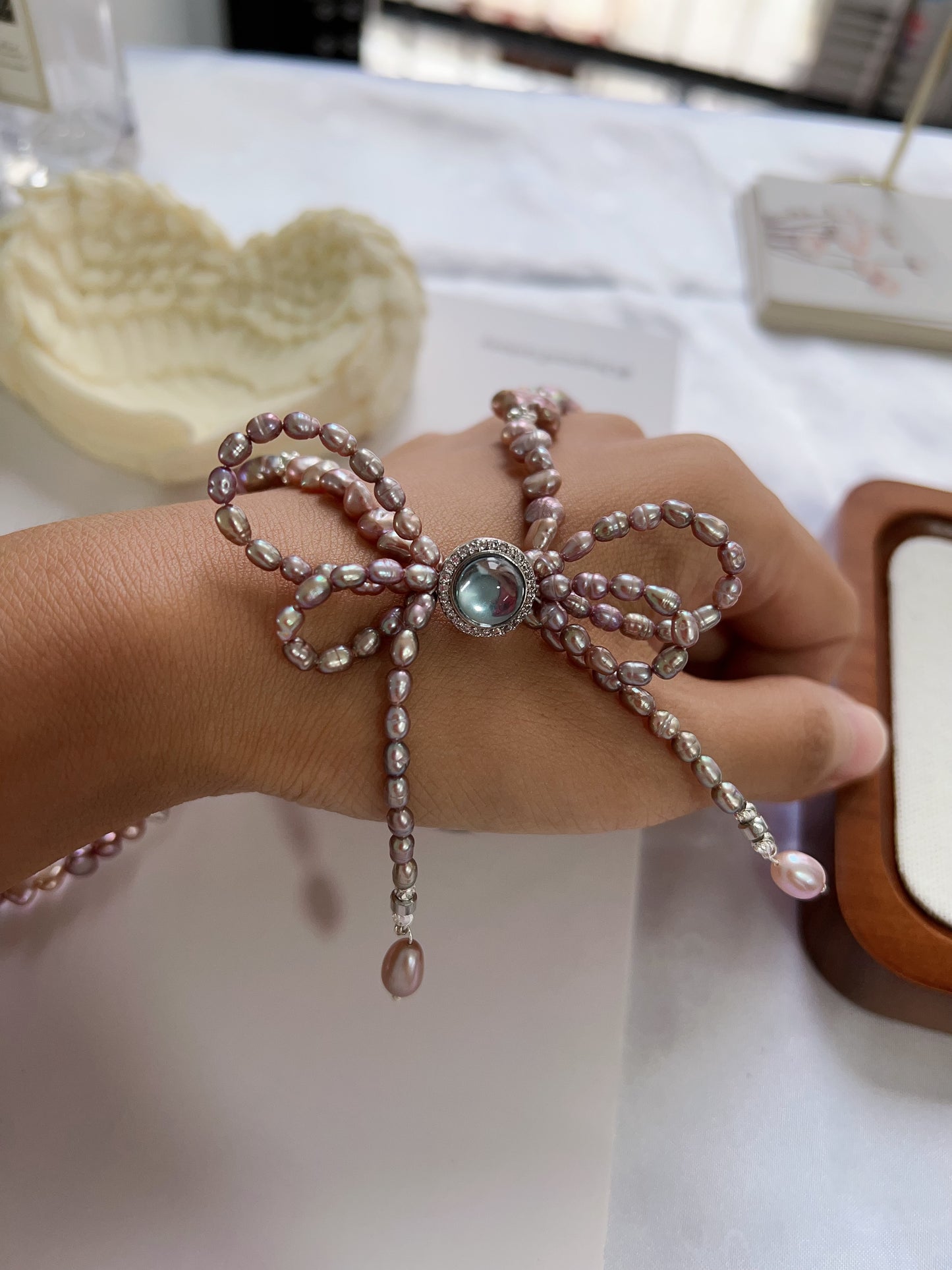 #PN1220 freshwater pearl necklace star baroque pearl 50+5cm deep purple double-layer bow tie design