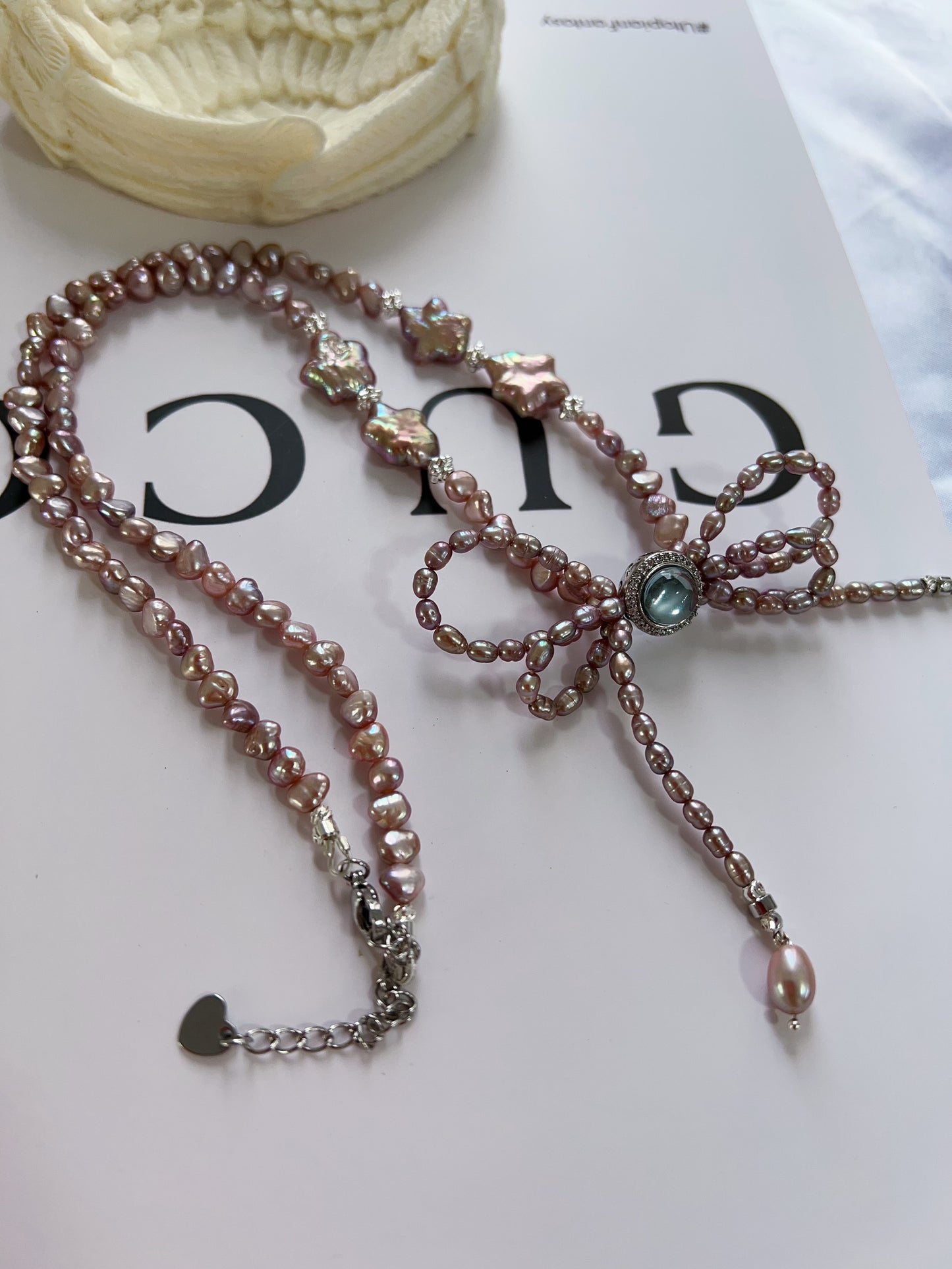 #PN1220 freshwater pearl necklace star baroque pearl 50+5cm deep purple double-layer bow tie design