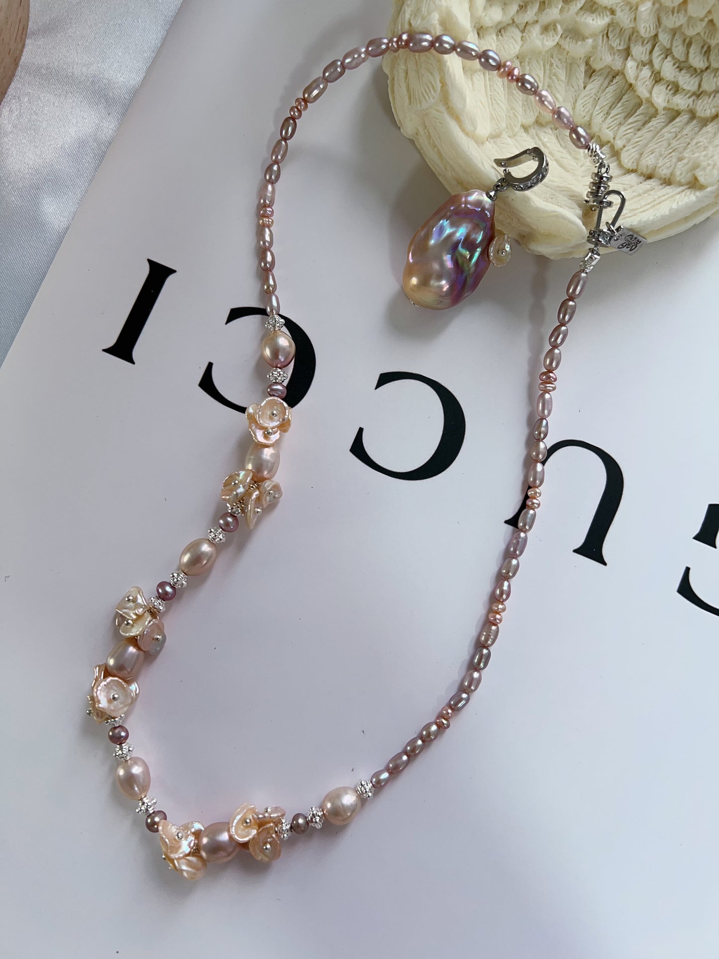 #PN1222 [Floral Series] freshwater pearl necklace all the way to sun lustrous fishtail baroque detachable pendant 47cm "pearl wearing flower" design