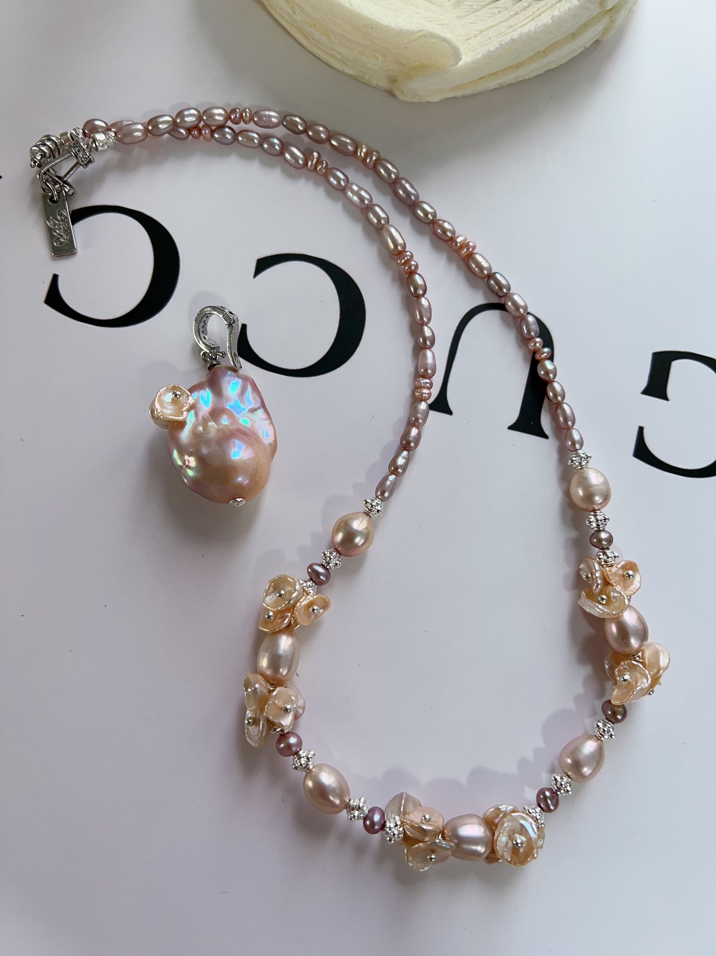#PN1222 [Floral Series] freshwater pearl necklace all the way to sun lustrous fishtail baroque detachable pendant 47cm "pearl wearing flower" design