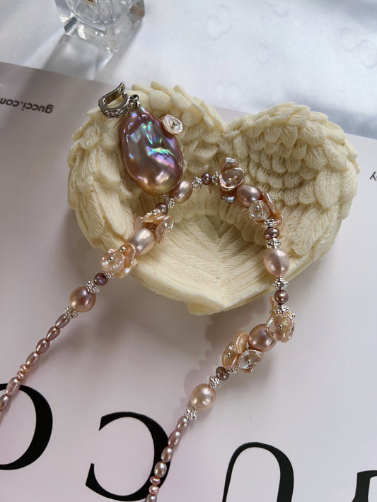 #PN1222 [Floral Series] freshwater pearl necklace all the way to sun lustrous fishtail baroque detachable pendant 47cm "pearl wearing flower" design