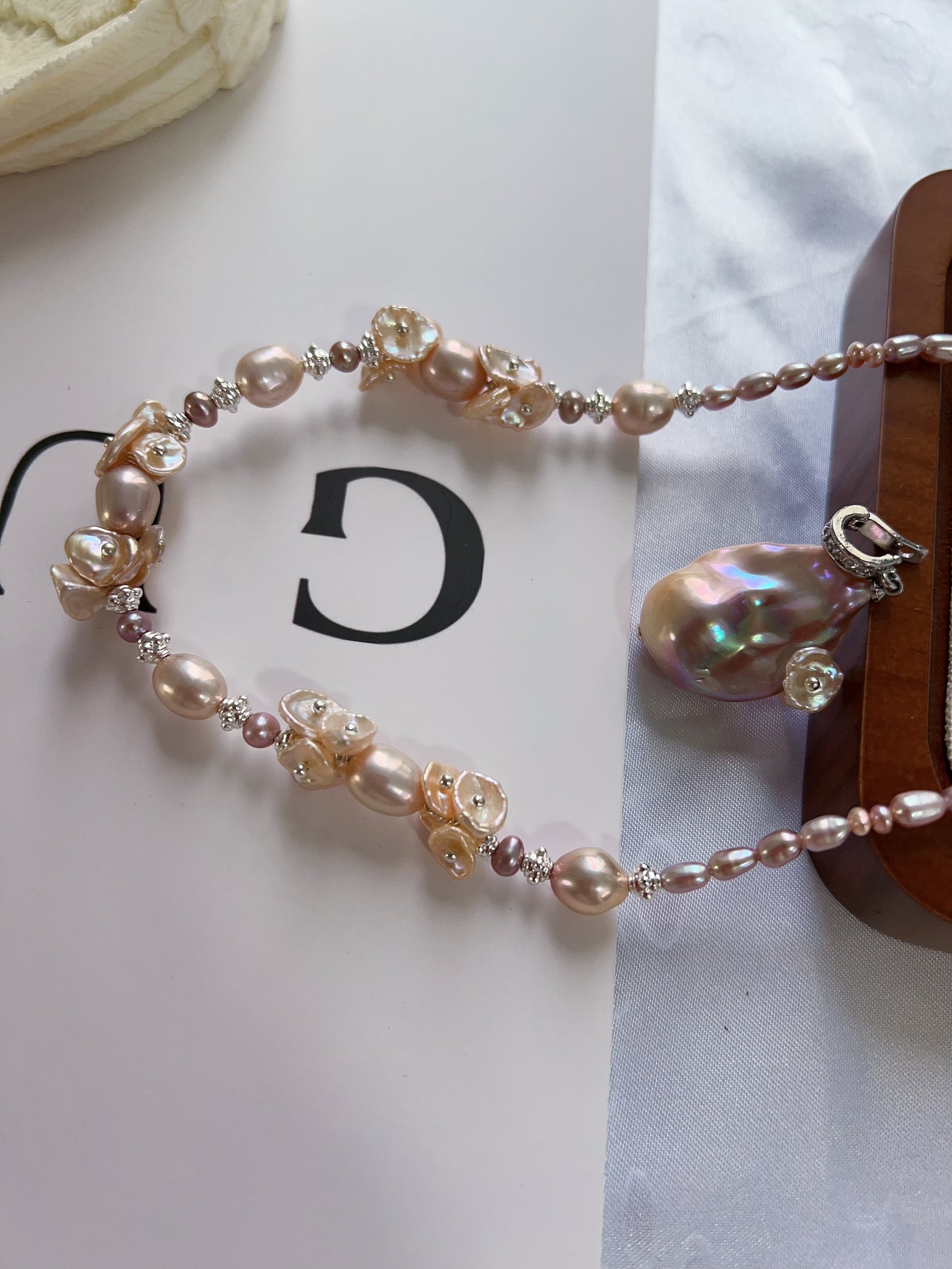 #PN1222 [Floral Series] freshwater pearl necklace all the way to sun lustrous fishtail baroque detachable pendant 47cm "pearl wearing flower" design