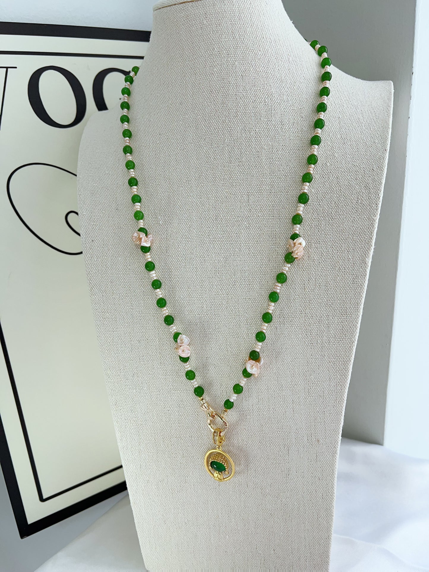 #PN1221 [Floral Series] freshwater pearl necklace green jade fresh breeze 68cm long new traditional style sweater necklace multiple way of wearing removable pendant