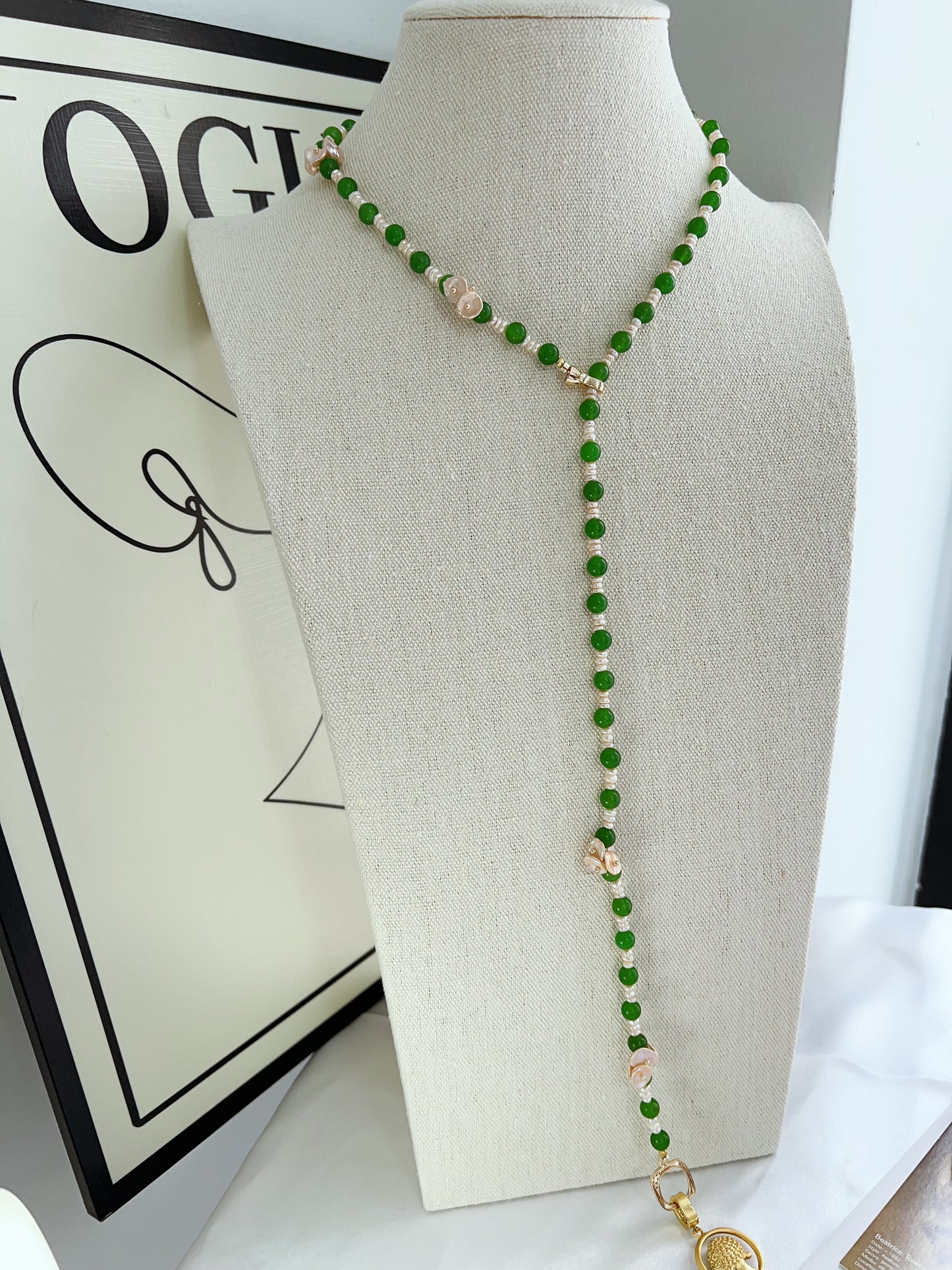 #PN1221 [Floral Series] freshwater pearl necklace green jade fresh breeze 68cm long new traditional style sweater necklace multiple way of wearing removable pendant