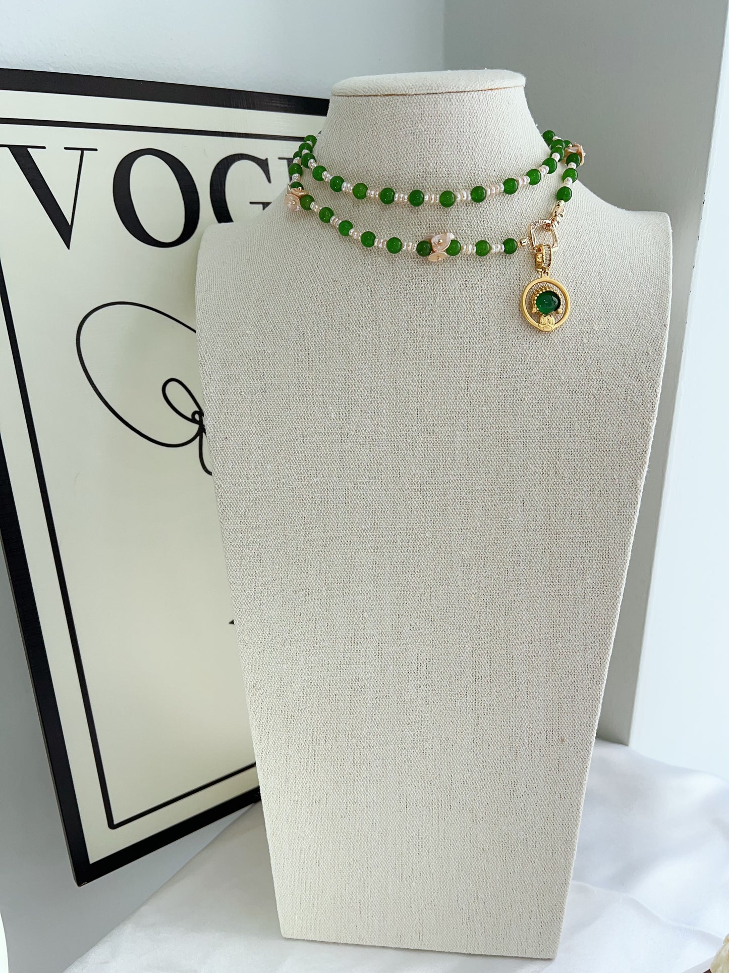 #PN1221 [Floral Series] freshwater pearl necklace green jade fresh breeze 68cm long new traditional style sweater necklace multiple way of wearing removable pendant