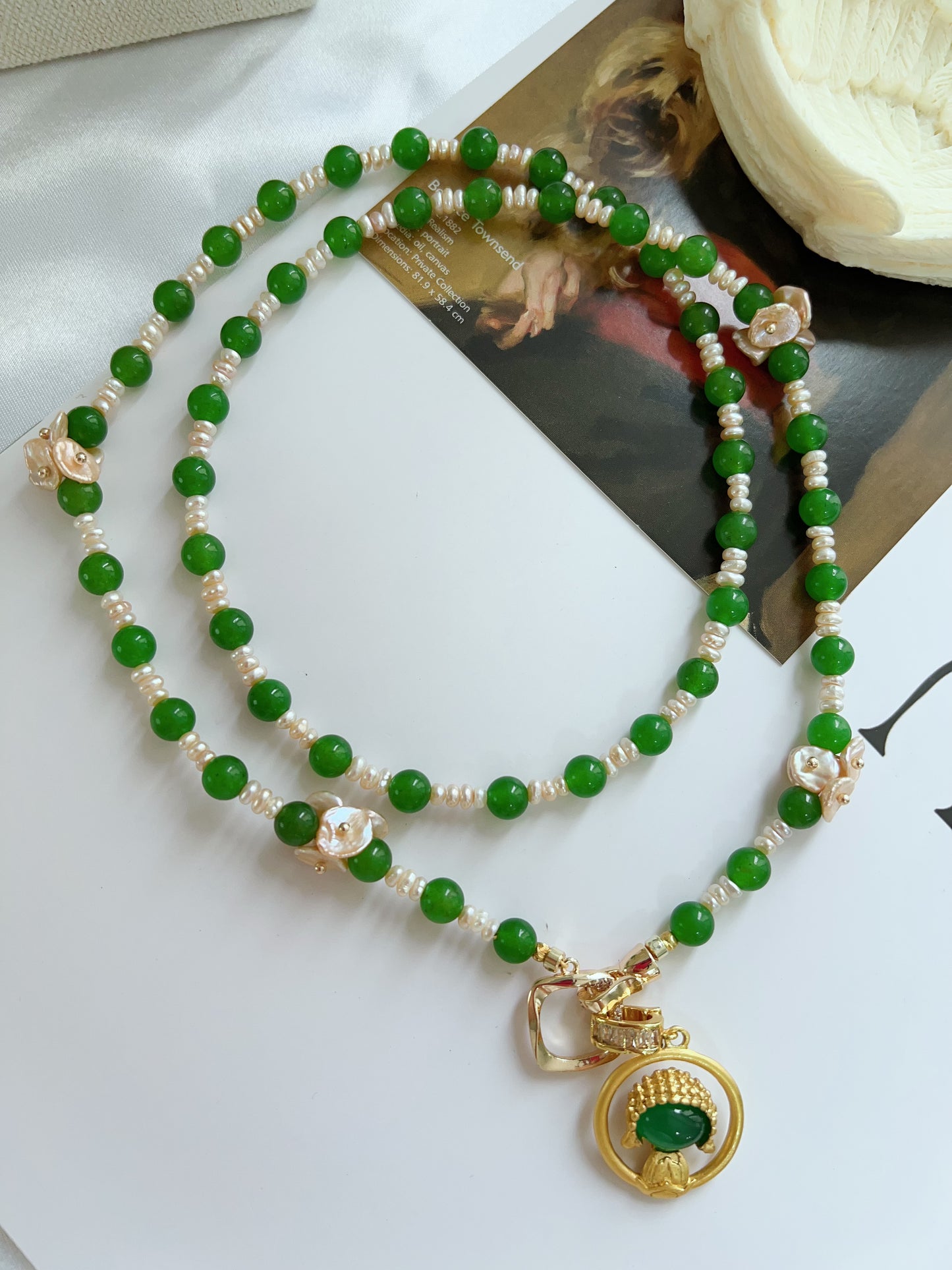 #PN1221 [Floral Series] freshwater pearl necklace green jade fresh breeze 68cm long new traditional style sweater necklace multiple way of wearing removable pendant