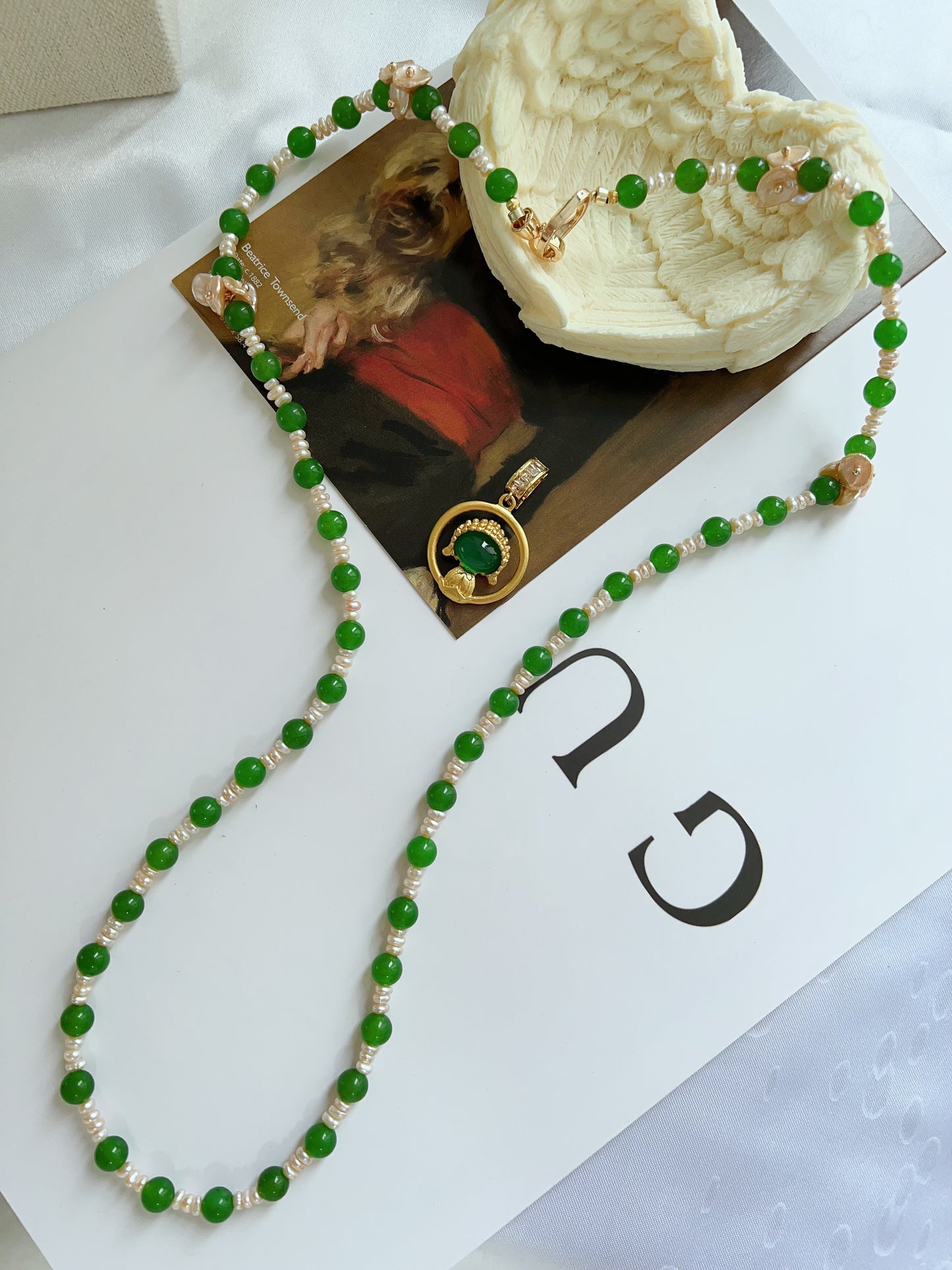 #PN1221 [Floral Series] freshwater pearl necklace green jade fresh breeze 68cm long new traditional style sweater necklace multiple way of wearing removable pendant