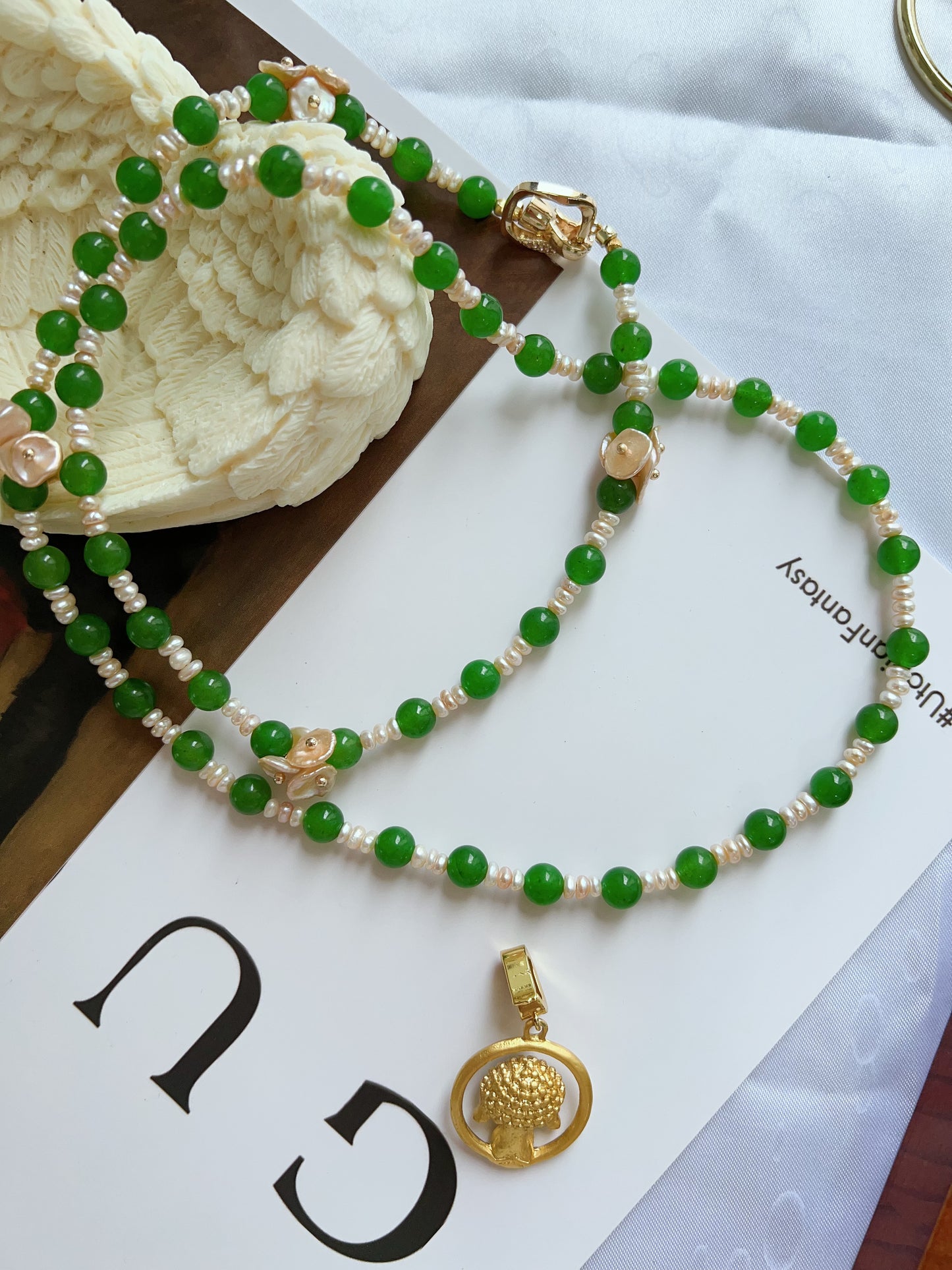 #PN1221 [Floral Series] freshwater pearl necklace green jade fresh breeze 68cm long new traditional style sweater necklace multiple way of wearing removable pendant