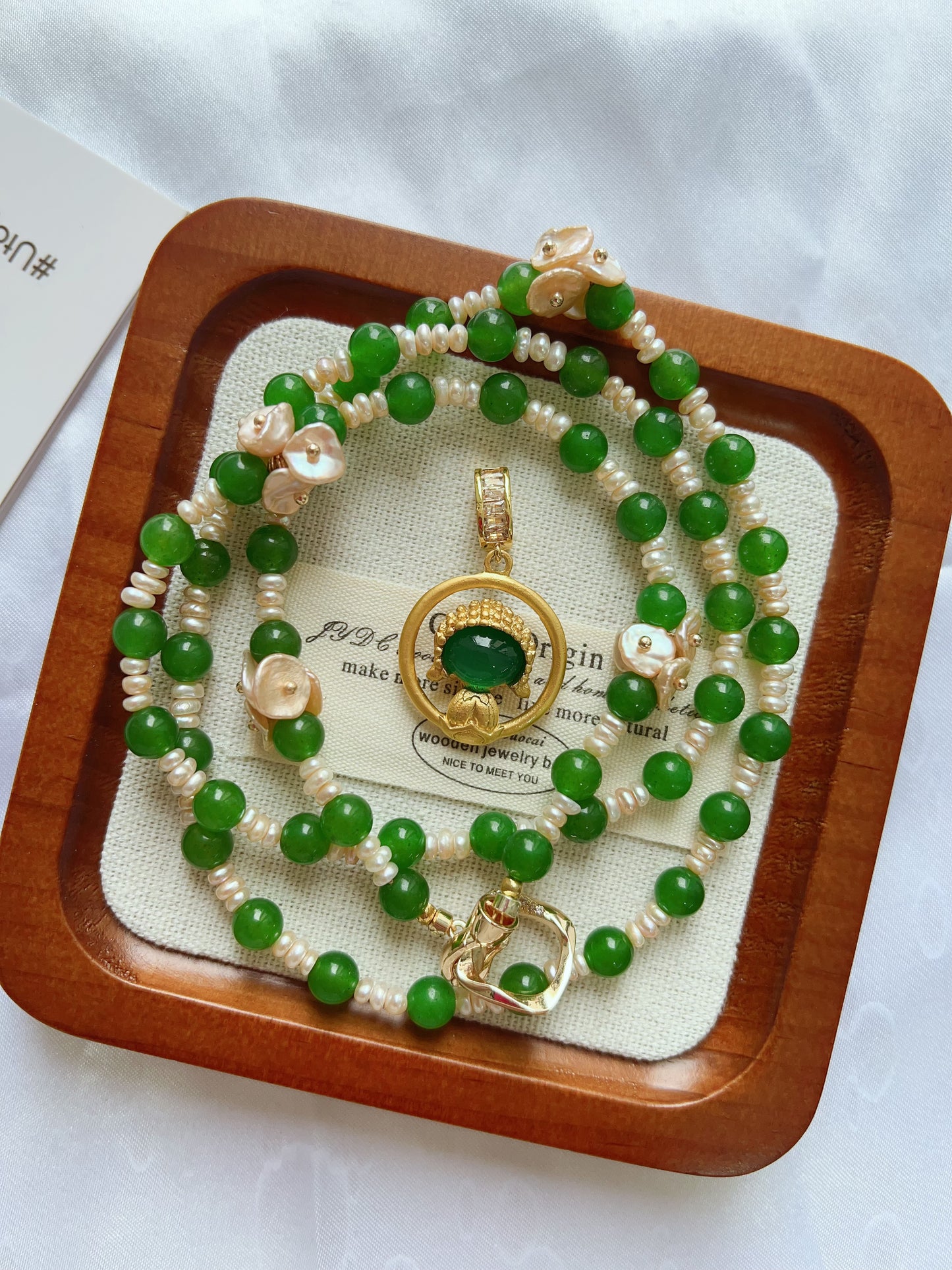 #PN1221 [Floral Series] freshwater pearl necklace green jade fresh breeze 68cm long new traditional style sweater necklace multiple way of wearing removable pendant