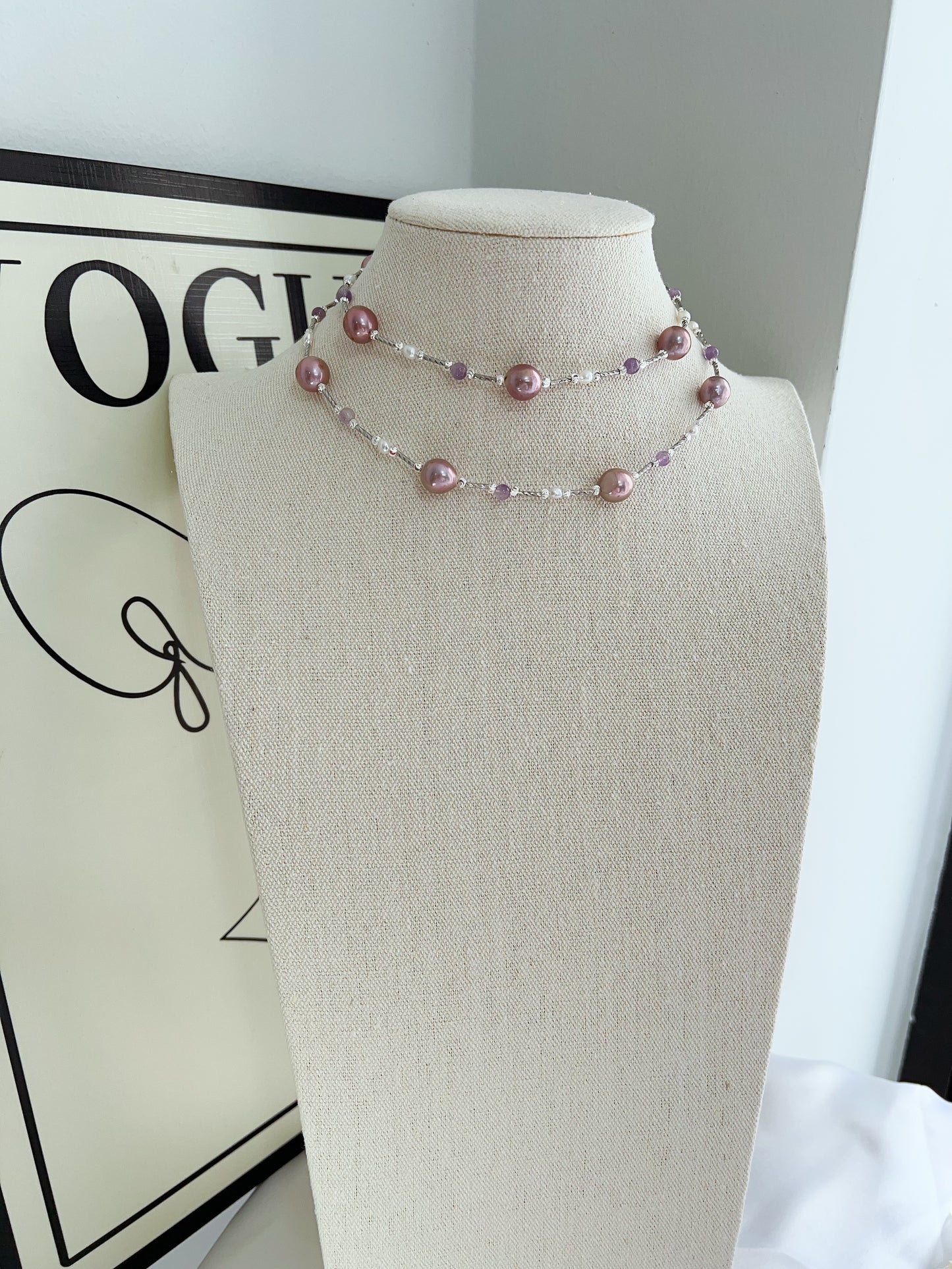 #PN1235 freshwater pearl necklace stary sky long sweater necklace purple version high quality Edison pearls amethyst smooth surface