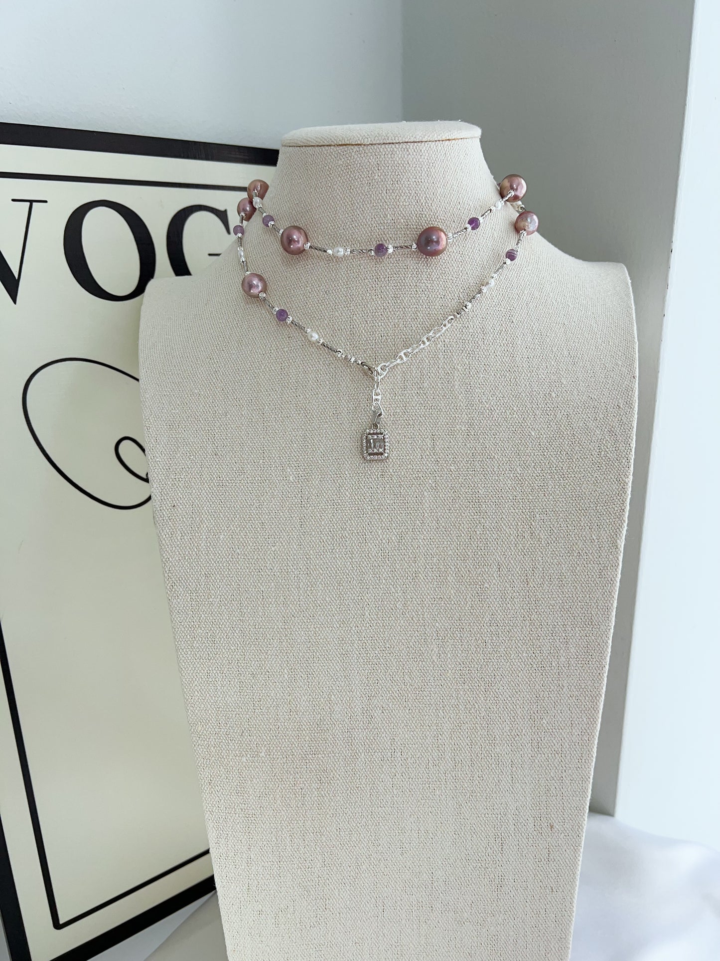 #PN1235 freshwater pearl necklace stary sky long sweater necklace purple version high quality Edison pearls amethyst smooth surface