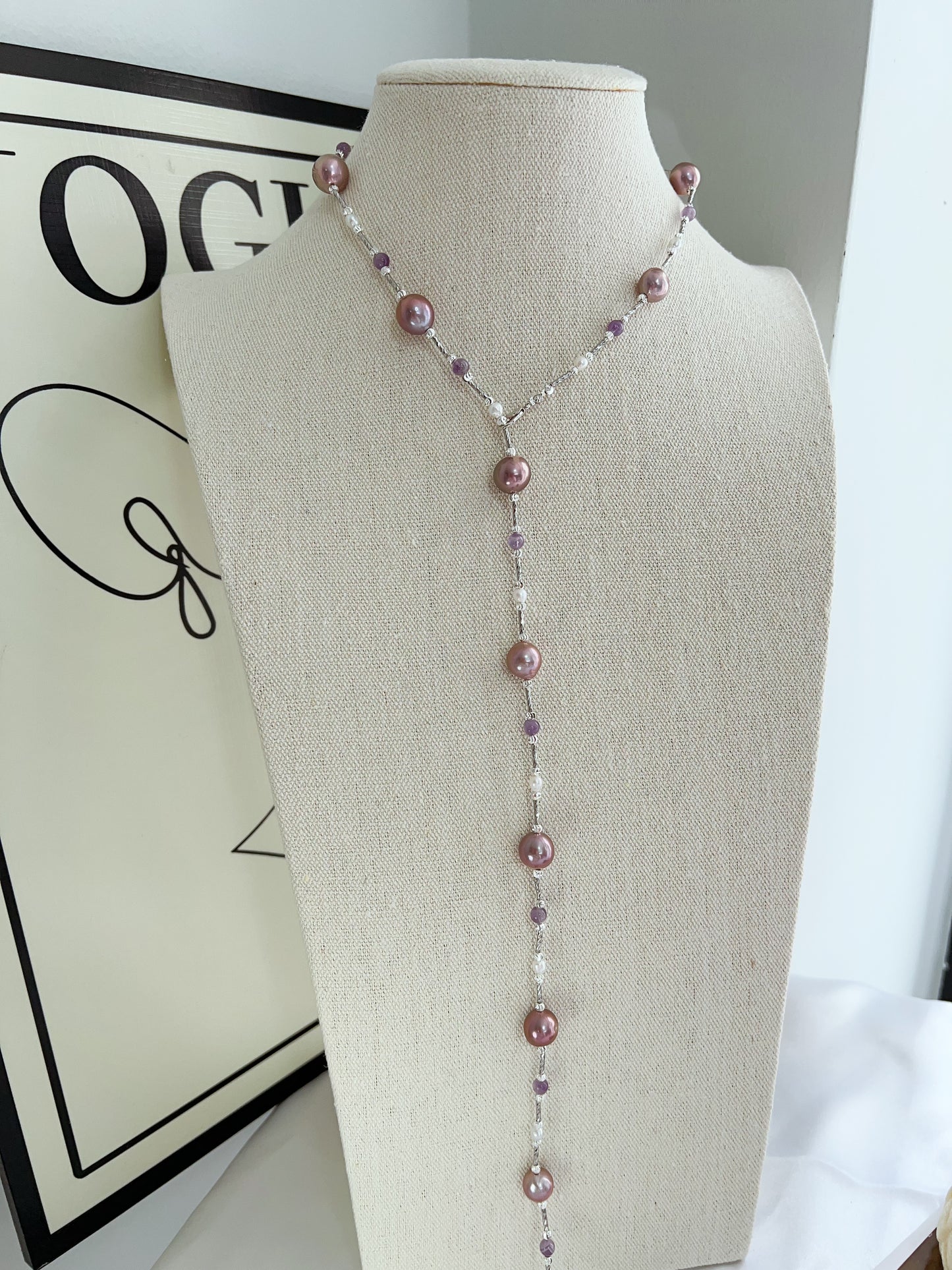 #PN1235 freshwater pearl necklace stary sky long sweater necklace purple version high quality Edison pearls amethyst smooth surface