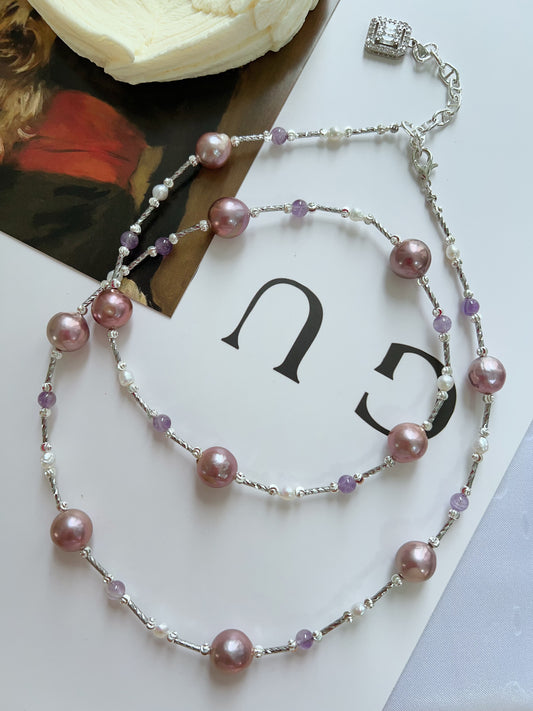 #PN1235 freshwater pearl necklace stary sky long sweater necklace purple version high quality Edison pearls amethyst smooth surface