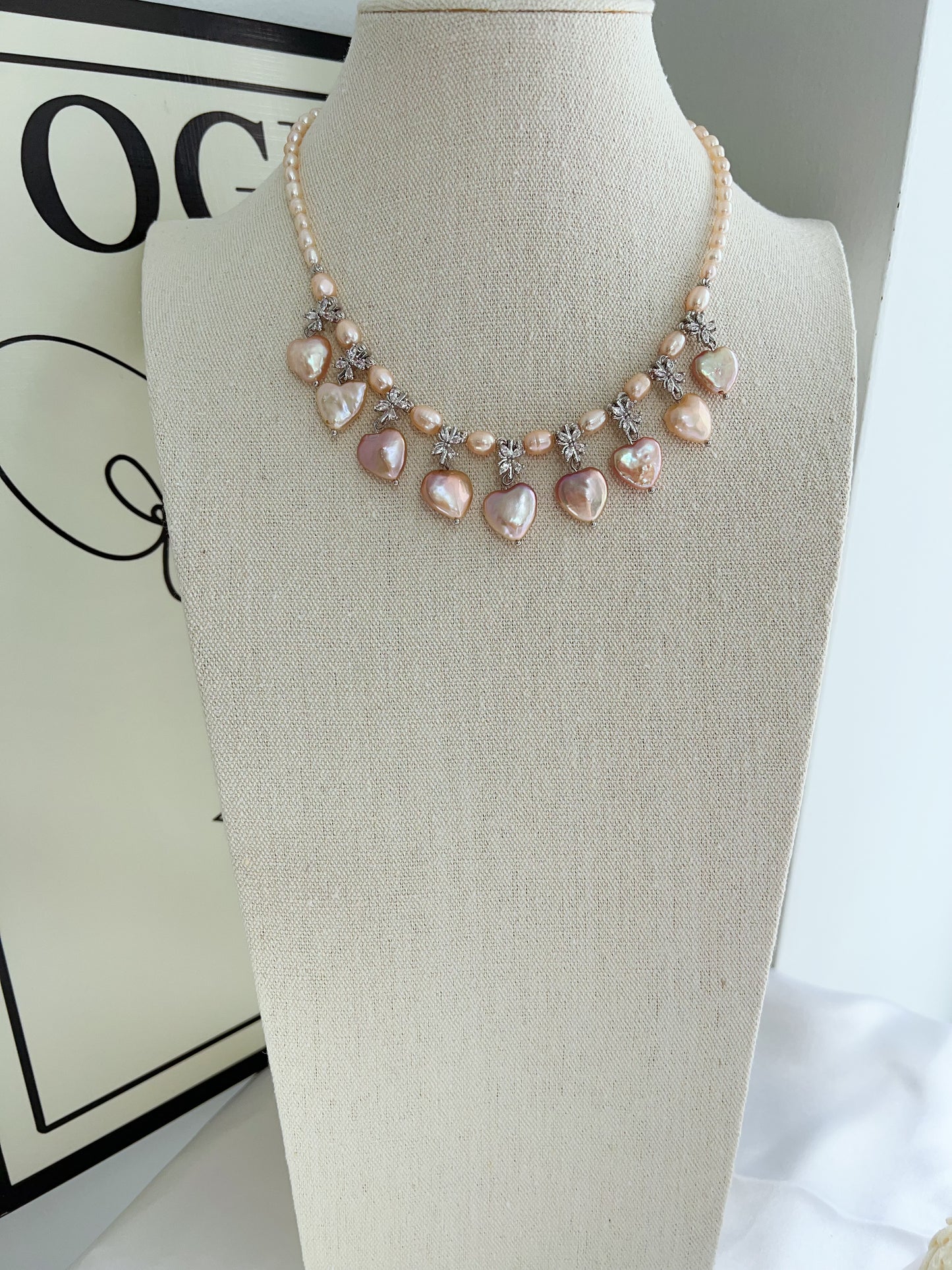 #PN1226 freshwater pearl necklace golden heart floral design ultimate lux superb lustre rare shape