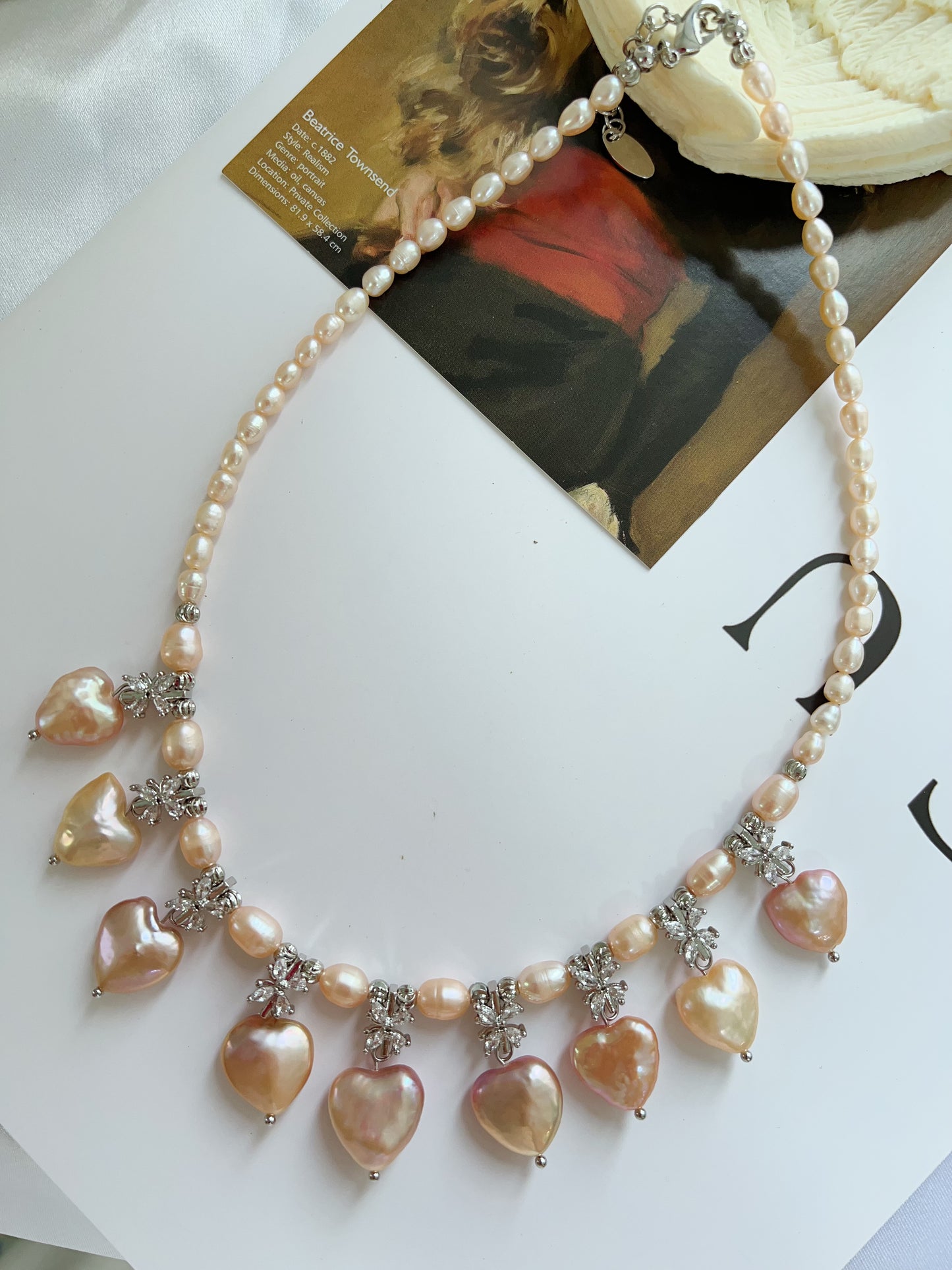 #PN1226 freshwater pearl necklace golden heart floral design ultimate lux superb lustre rare shape