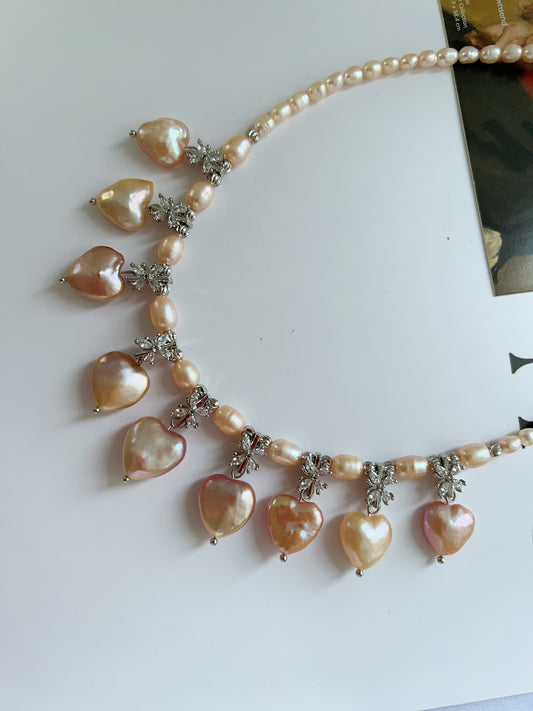 #PN1226 freshwater pearl necklace golden heart floral design ultimate lux superb lustre rare shape