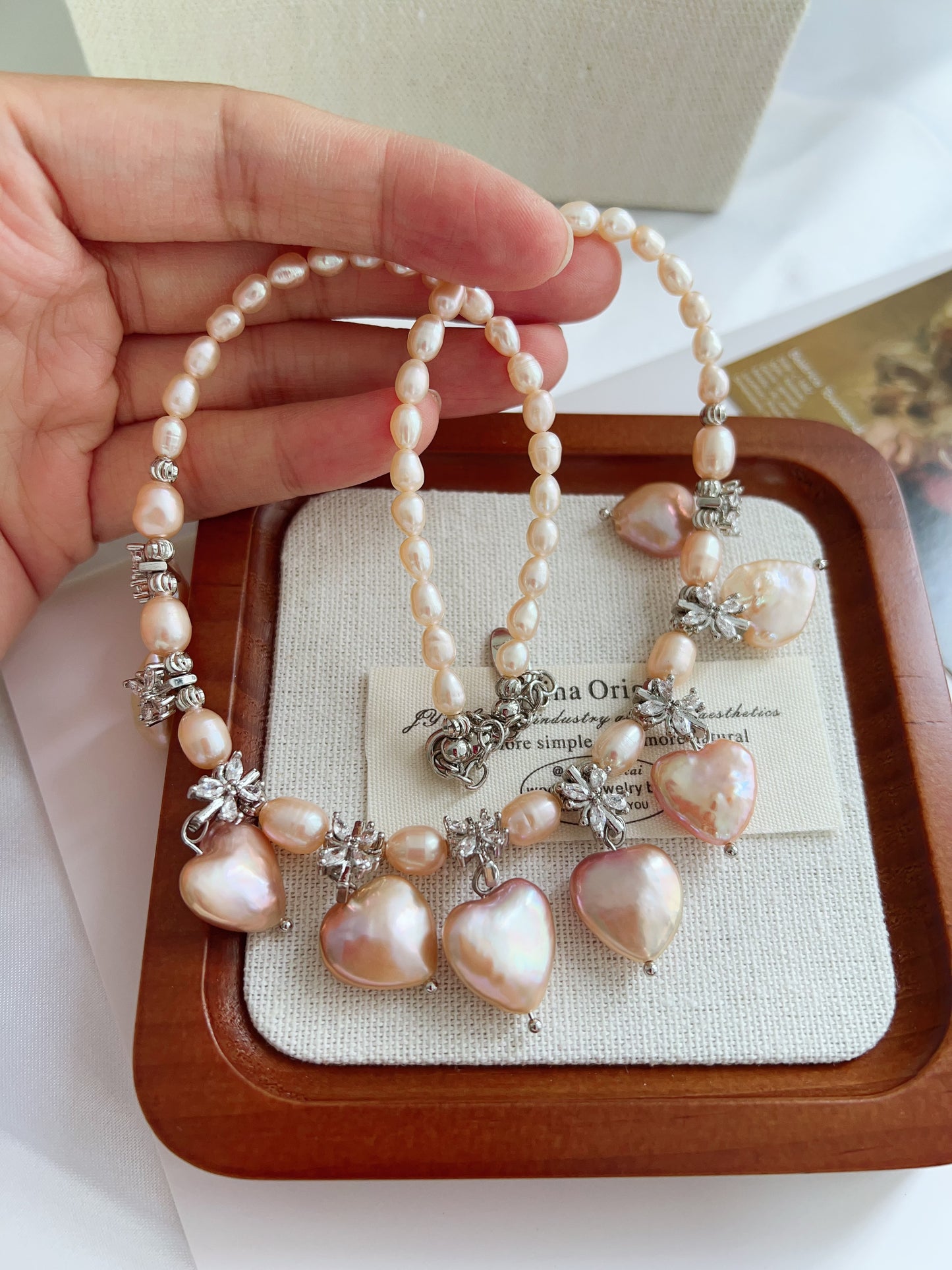 #PN1226 freshwater pearl necklace golden heart floral design ultimate lux superb lustre rare shape