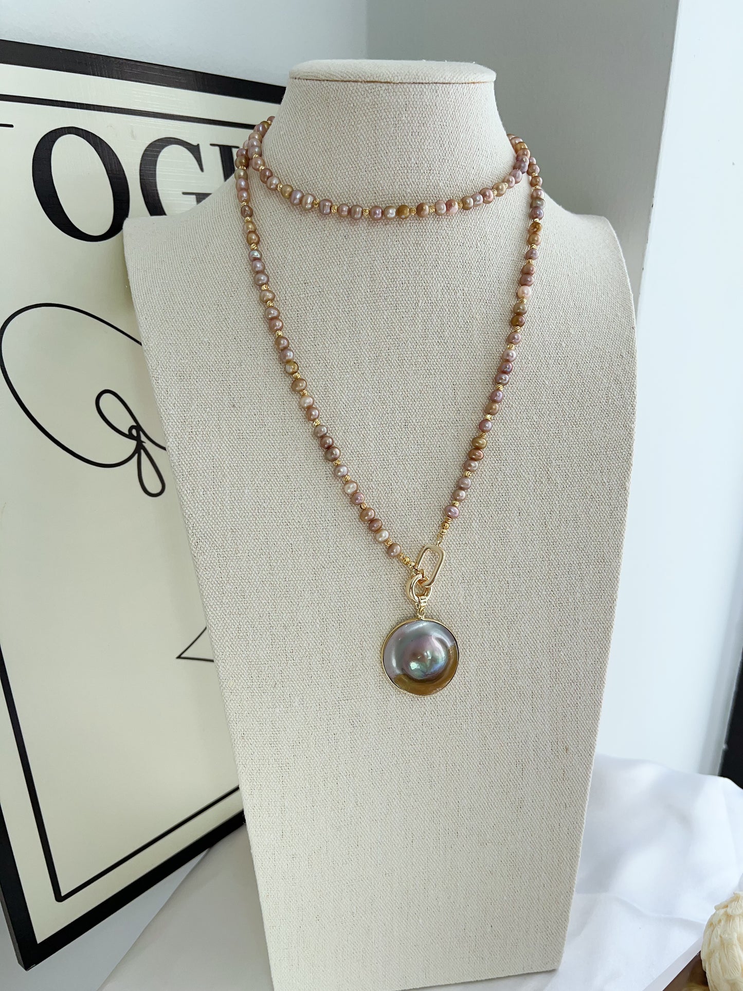 #PN1231 freshwater pearl necklace heart of the ocean long sweater necklace removable green-golden Mabe pearl pendant rare multiple way of wearing