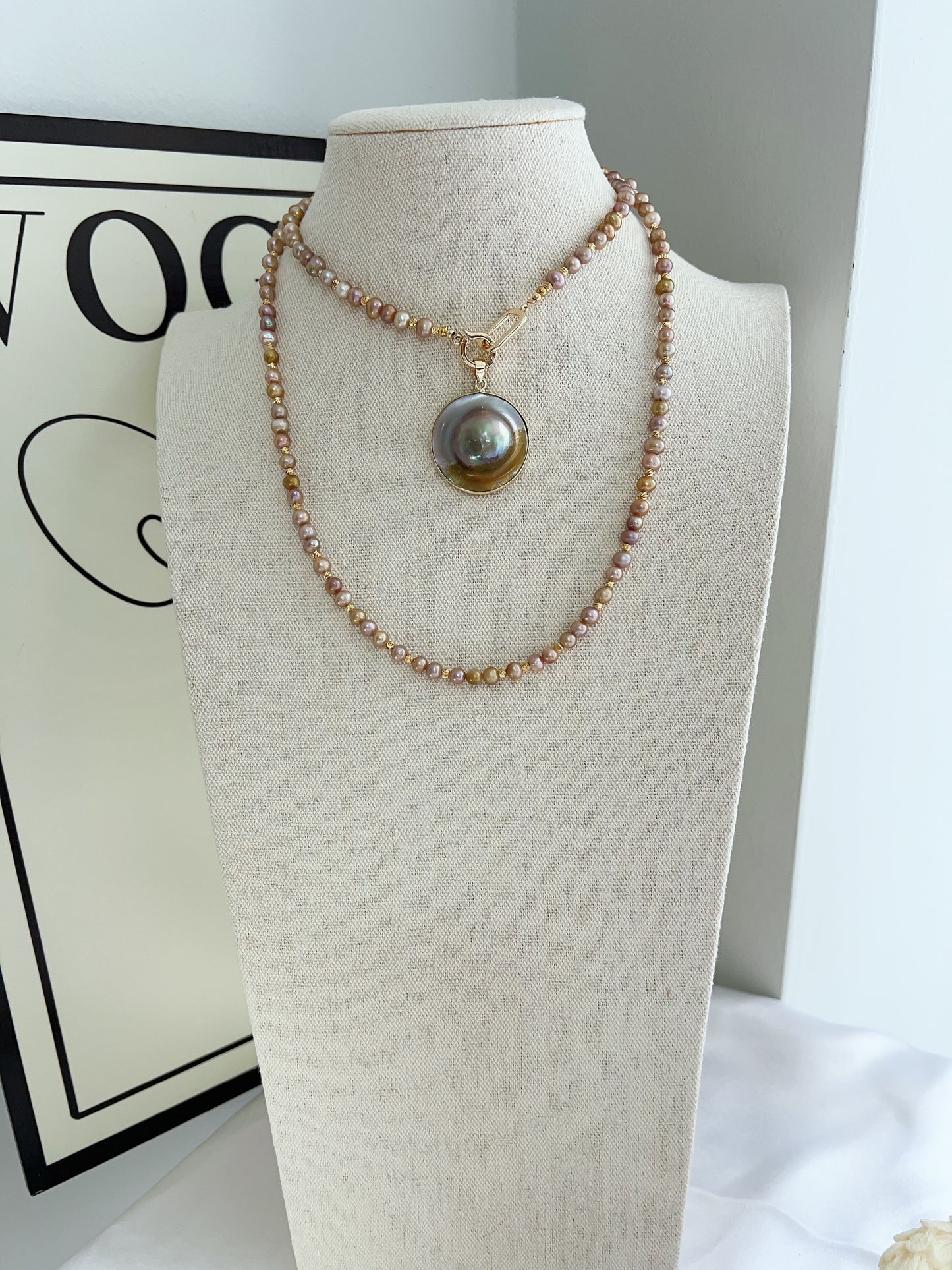 #PN1231 freshwater pearl necklace heart of the ocean long sweater necklace removable green-golden Mabe pearl pendant rare multiple way of wearing
