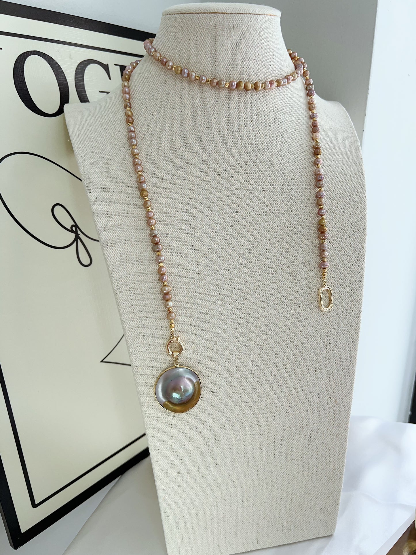#PN1231 freshwater pearl necklace heart of the ocean long sweater necklace removable green-golden Mabe pearl pendant rare multiple way of wearing