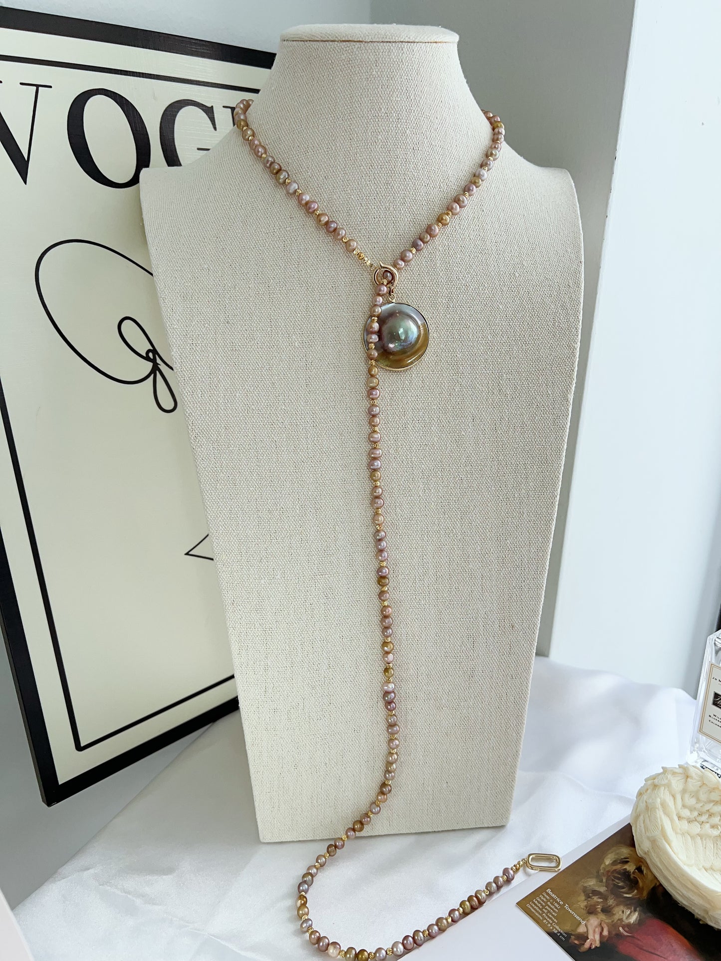 #PN1231 freshwater pearl necklace heart of the ocean long sweater necklace removable green-golden Mabe pearl pendant rare multiple way of wearing