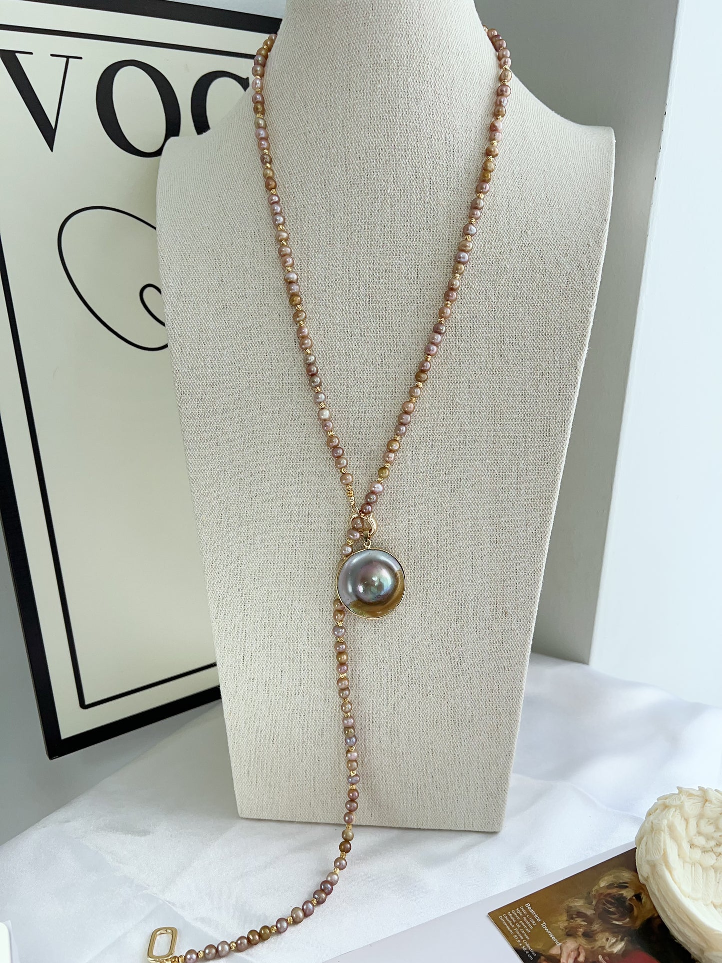#PN1231 freshwater pearl necklace heart of the ocean long sweater necklace removable green-golden Mabe pearl pendant rare multiple way of wearing