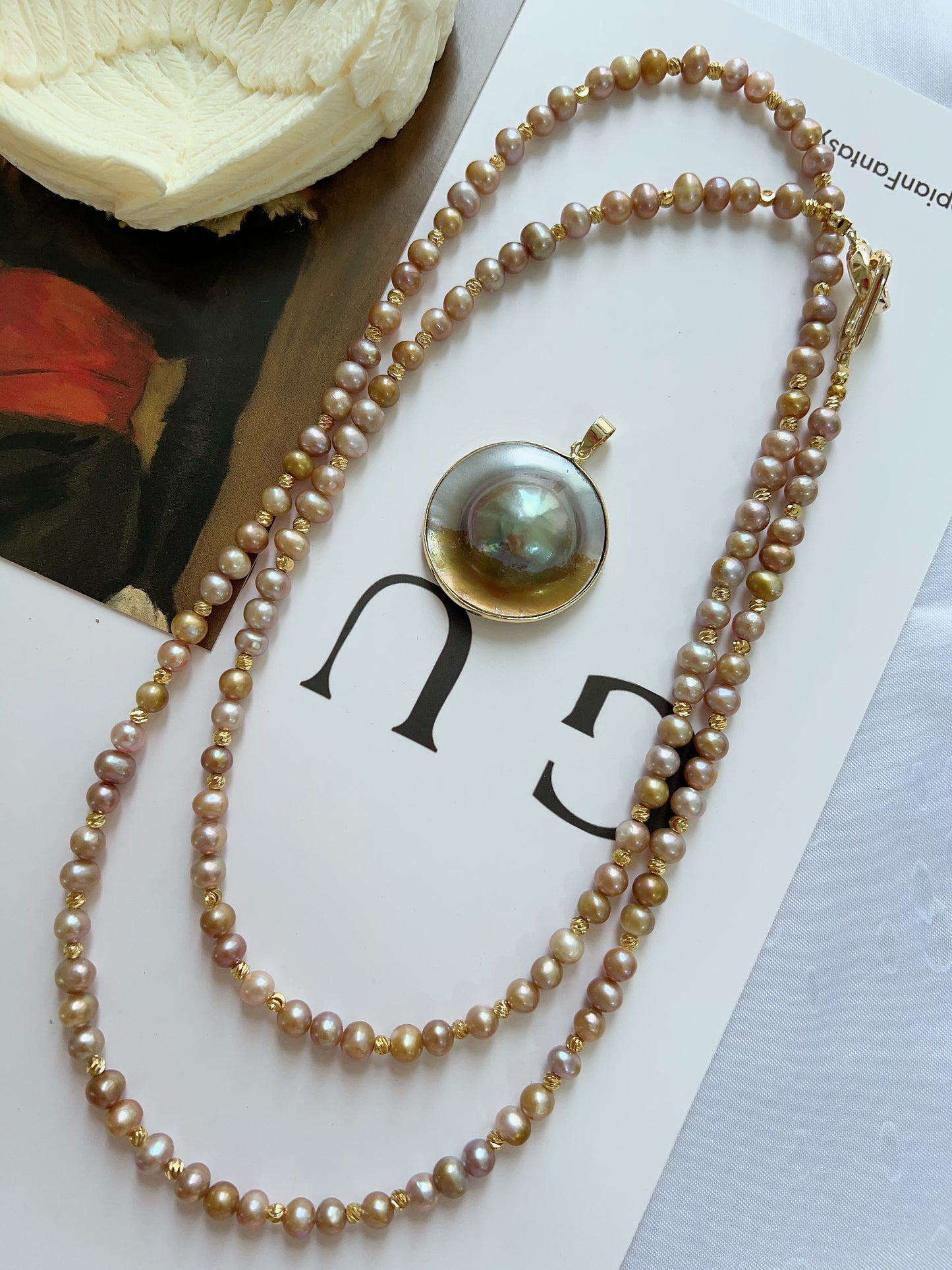 #PN1231 freshwater pearl necklace heart of the ocean long sweater necklace removable green-golden Mabe pearl pendant rare multiple way of wearing