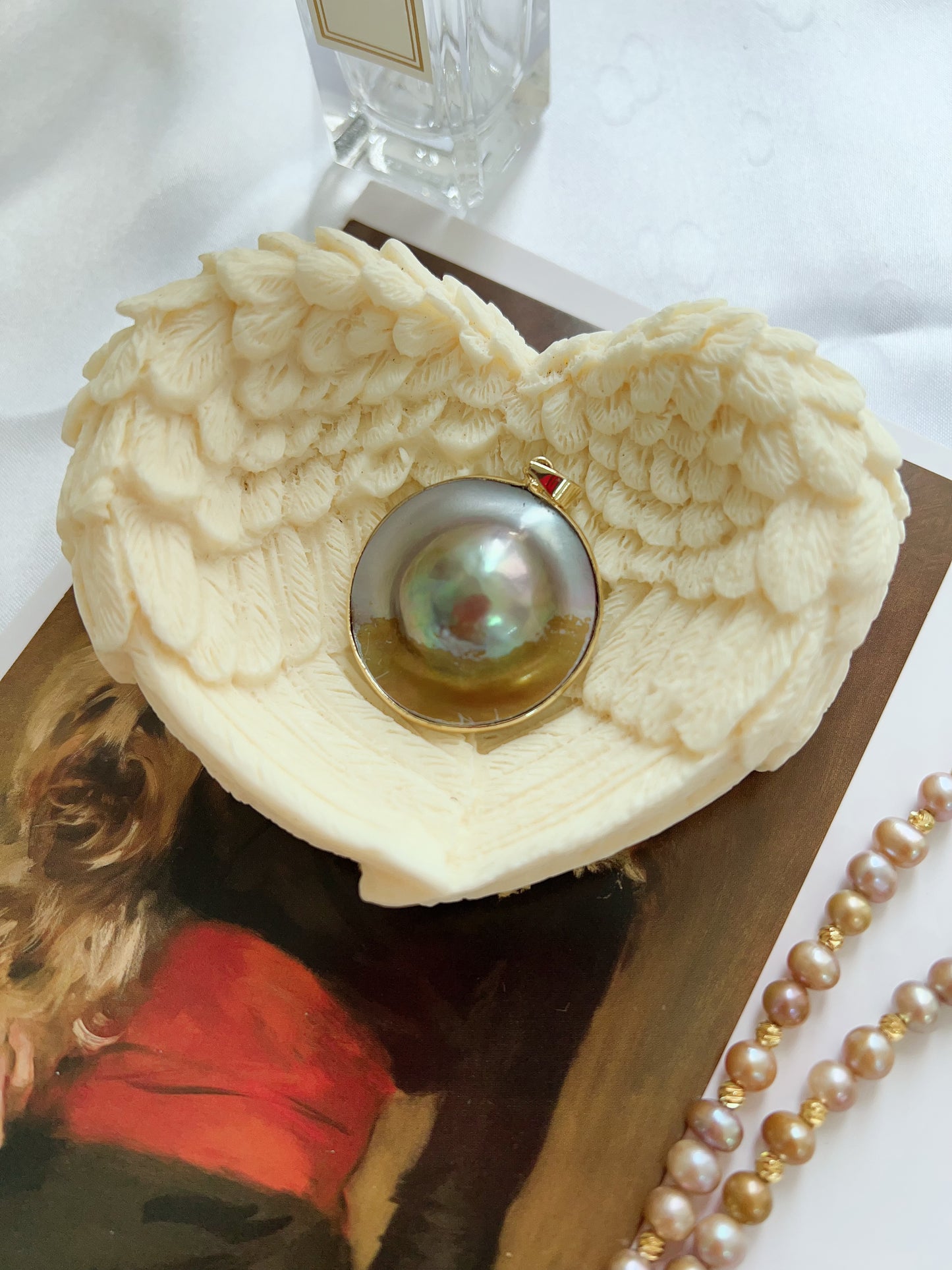 #PN1231 freshwater pearl necklace heart of the ocean long sweater necklace removable green-golden Mabe pearl pendant rare multiple way of wearing