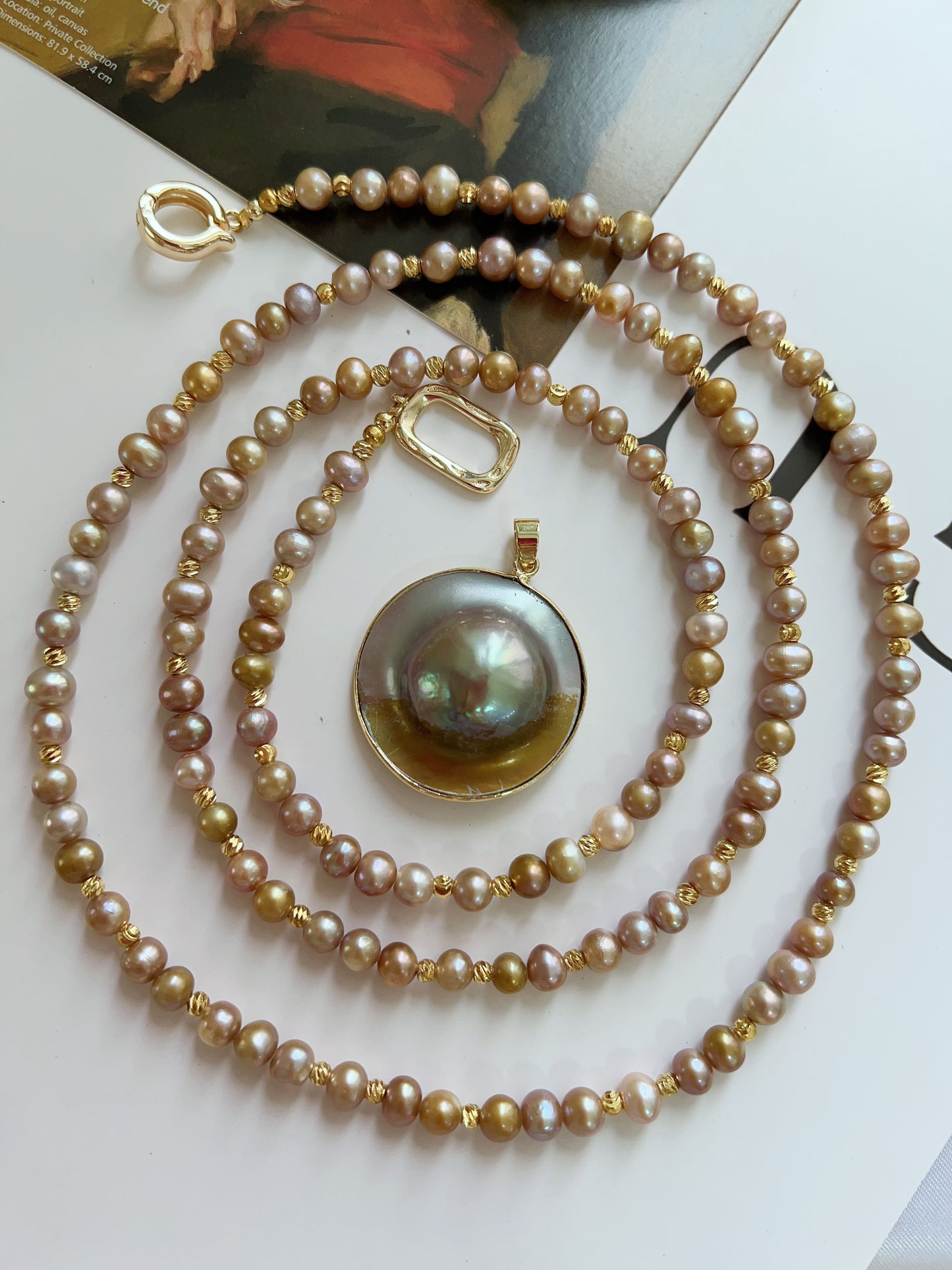 #PN1231 freshwater pearl necklace heart of the ocean long sweater necklace removable green-golden Mabe pearl pendant rare multiple way of wearing